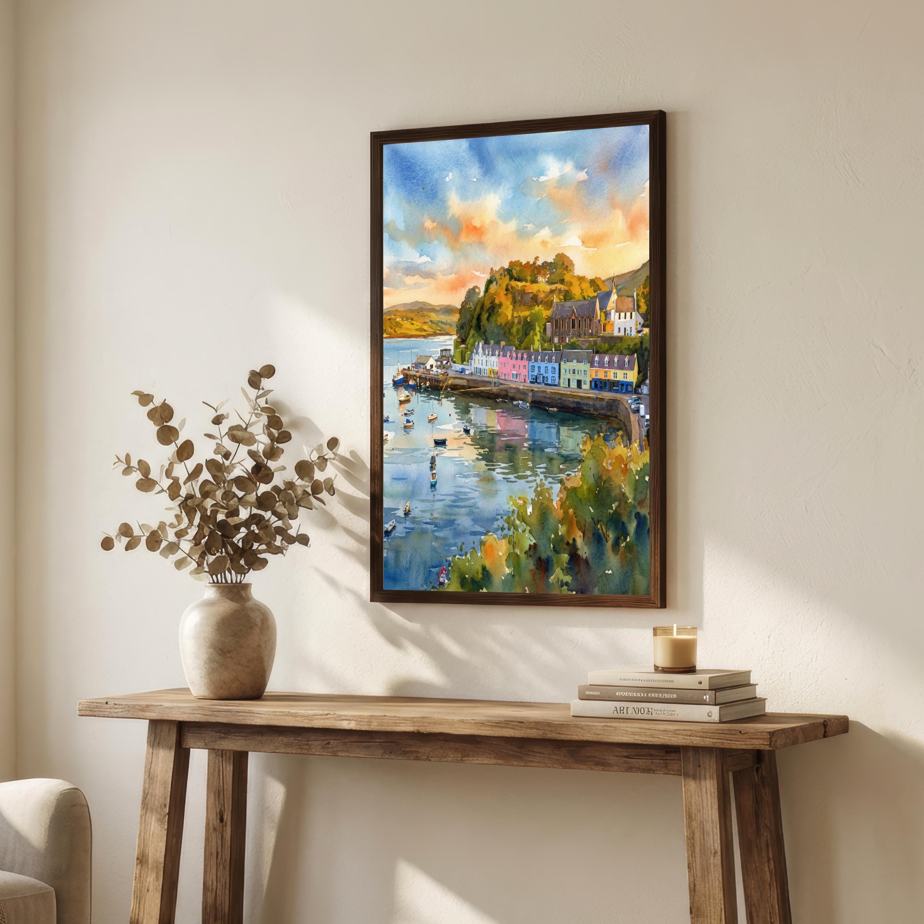 Portree Harbour Isle of Skye Watercolour Painting Poster Scotland Wall Art Coastal Village Landscape Print Gift for UK Travel Lovers