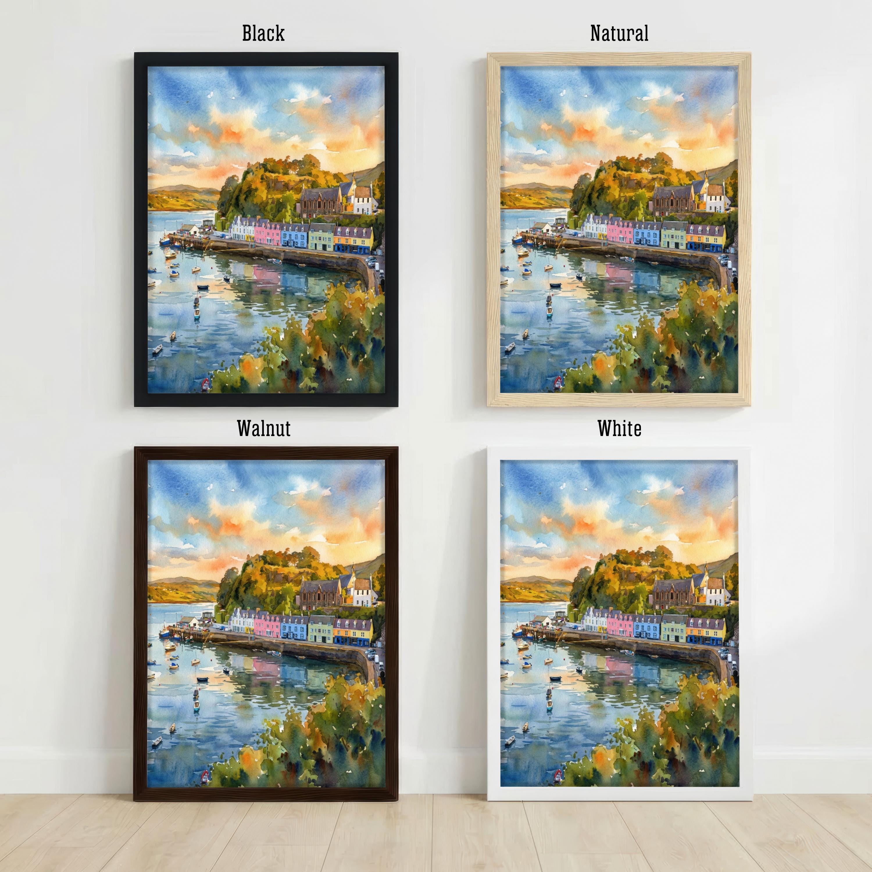 Portree Harbour Isle of Skye Watercolour Painting Poster Scotland Wall Art Coastal Village Landscape Print Gift for UK Travel Lovers