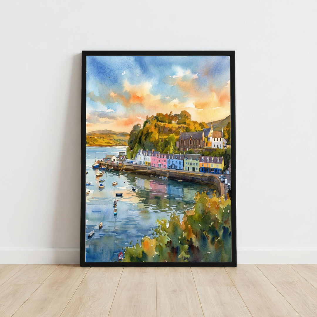 Portree Harbour Isle of Skye Watercolour Painting Poster Scotland Wall Art Coastal Village Landscape Print Gift for UK Travel Lovers