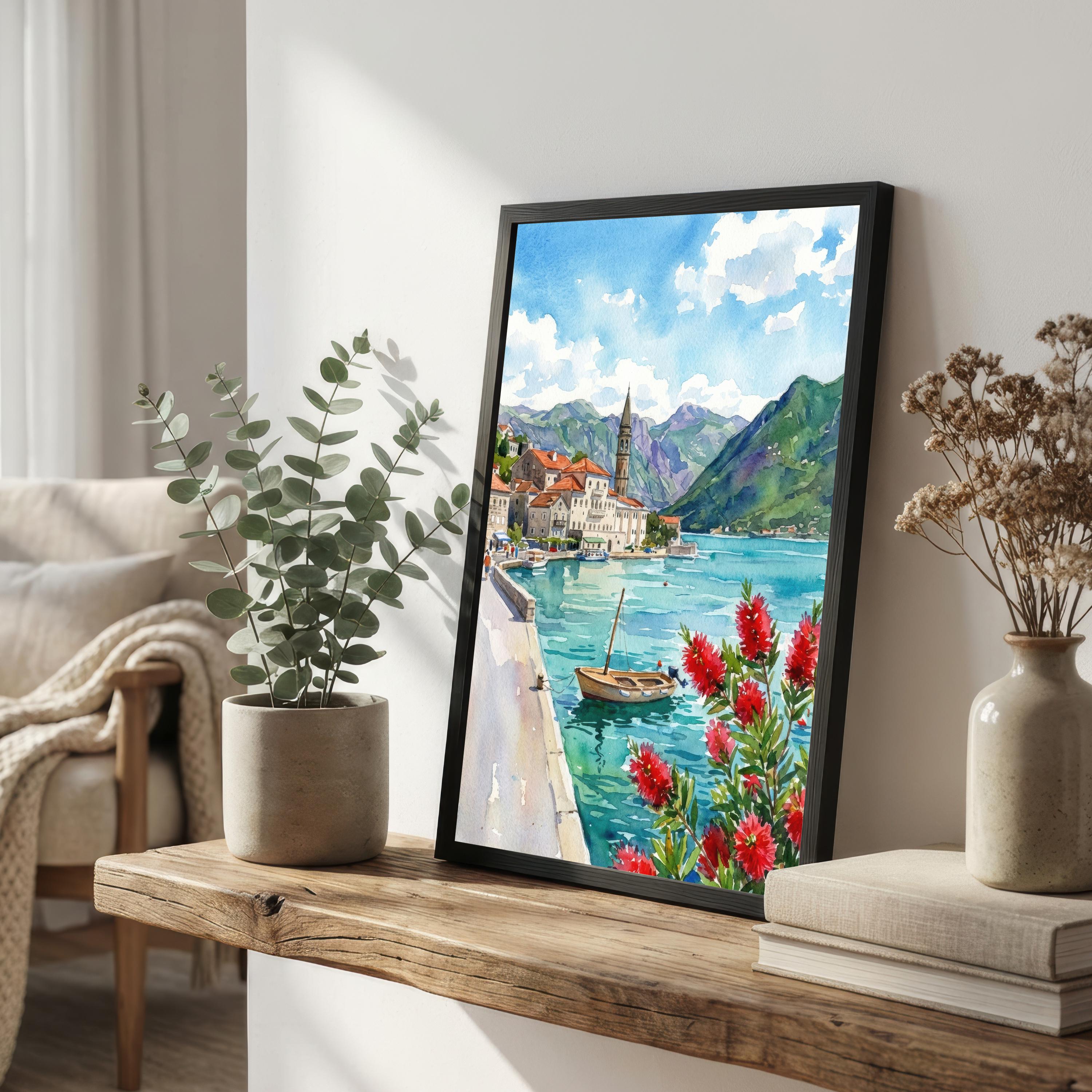 Kotor Montenegro Watercolour Painting Poster Coastal City Landscape Print Gift for Europe Travel Lovers and Scenic Decor Fans