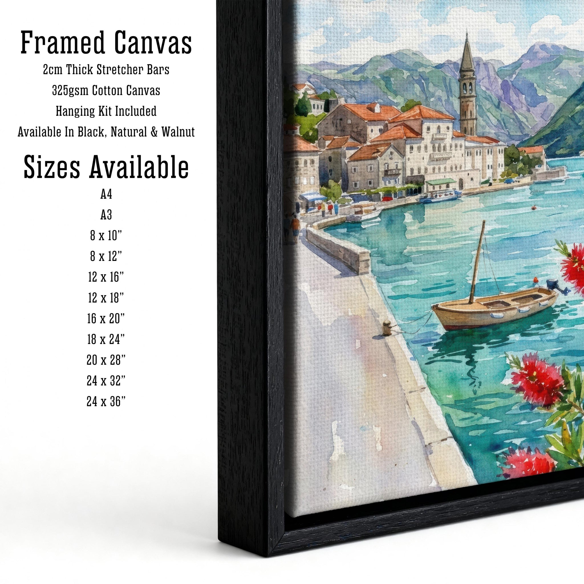Kotor Montenegro Watercolour Painting: Coastal Bay Landscape Print, Travel Decor
