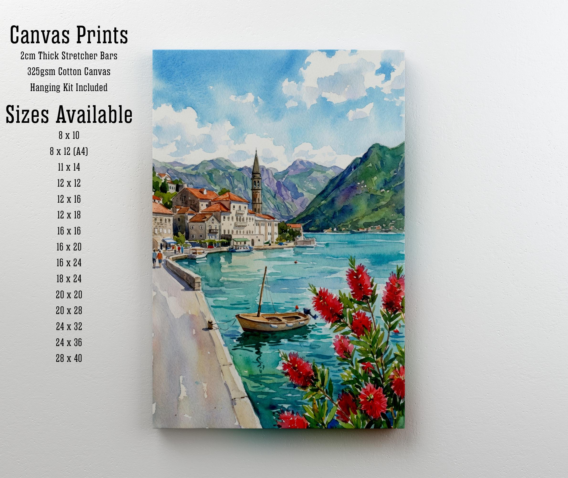 Kotor Montenegro Watercolour Painting Poster Coastal City Landscape Print Gift for Europe Travel Lovers and Scenic Decor Fans