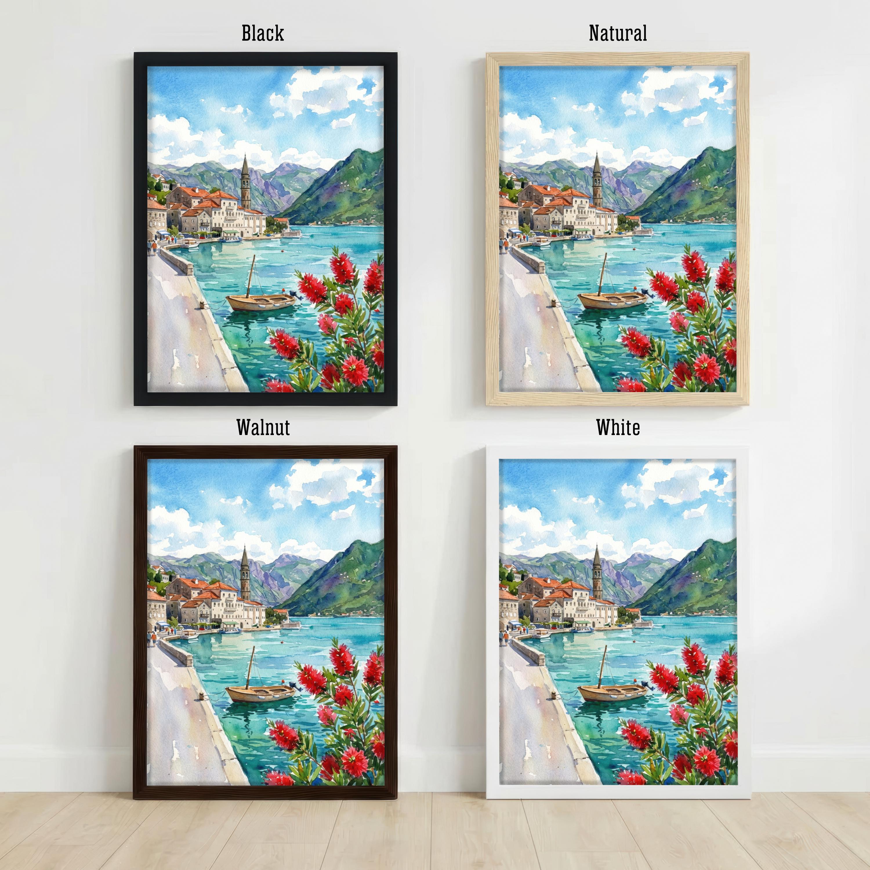 Kotor Montenegro Watercolour Painting Poster Coastal City Landscape Print Gift for Europe Travel Lovers and Scenic Decor Fans