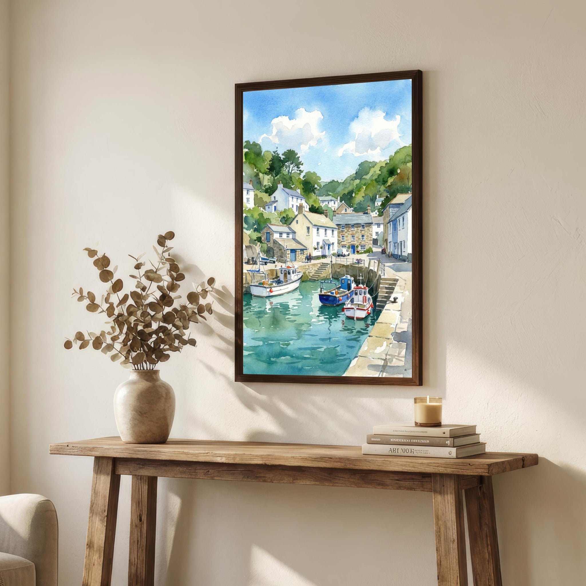 Polperro Harbour Cornwall Watercolour Painting Poster England Wall Art Coastal Village Landscape Print Gift for UK Travel Lovers