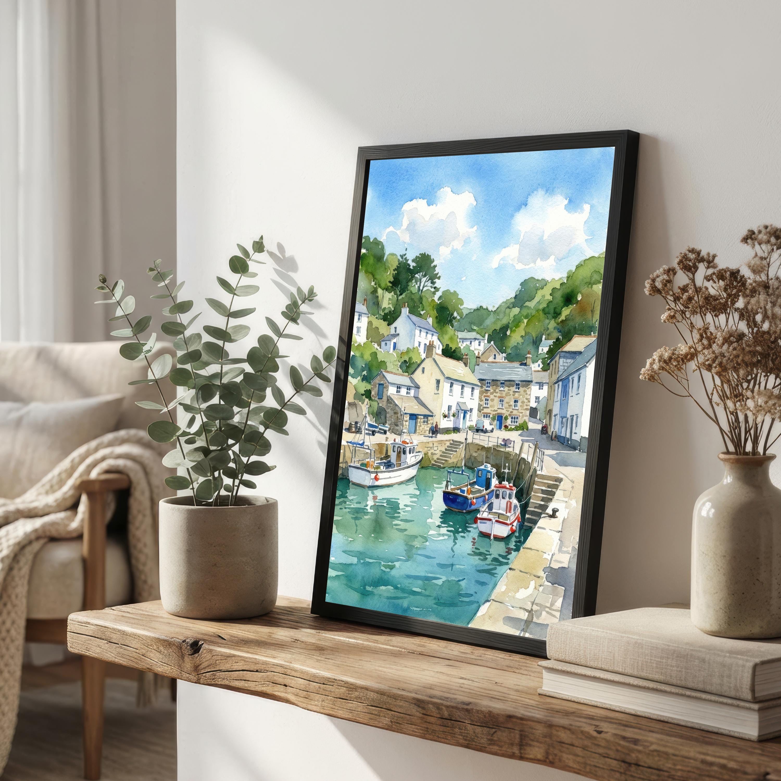 Polperro Harbour Cornwall Watercolour Painting Poster England Wall Art Coastal Village Landscape Print Gift for UK Travel Lovers