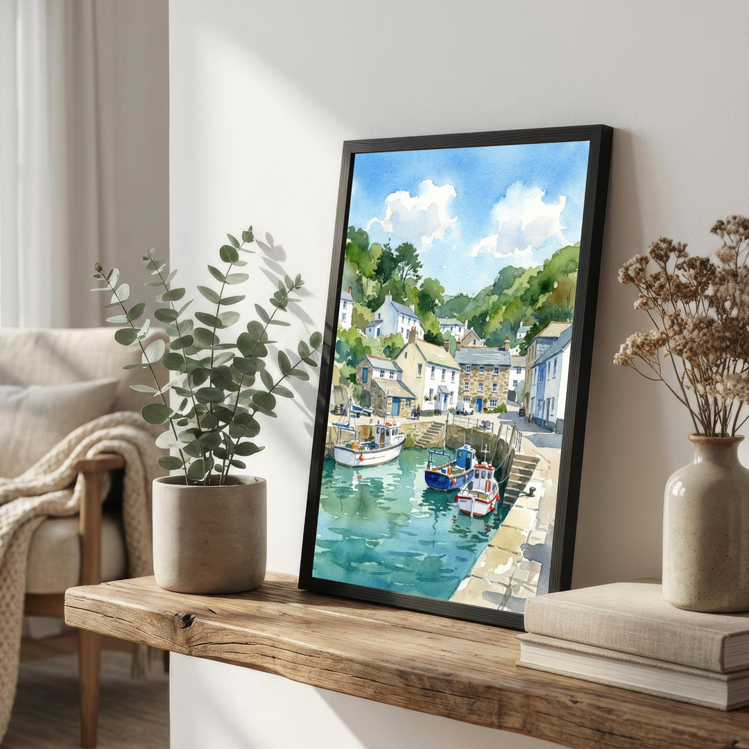 Polperro Harbour Watercolour Print, Cornwall Coastal Village Landscape Wall Art