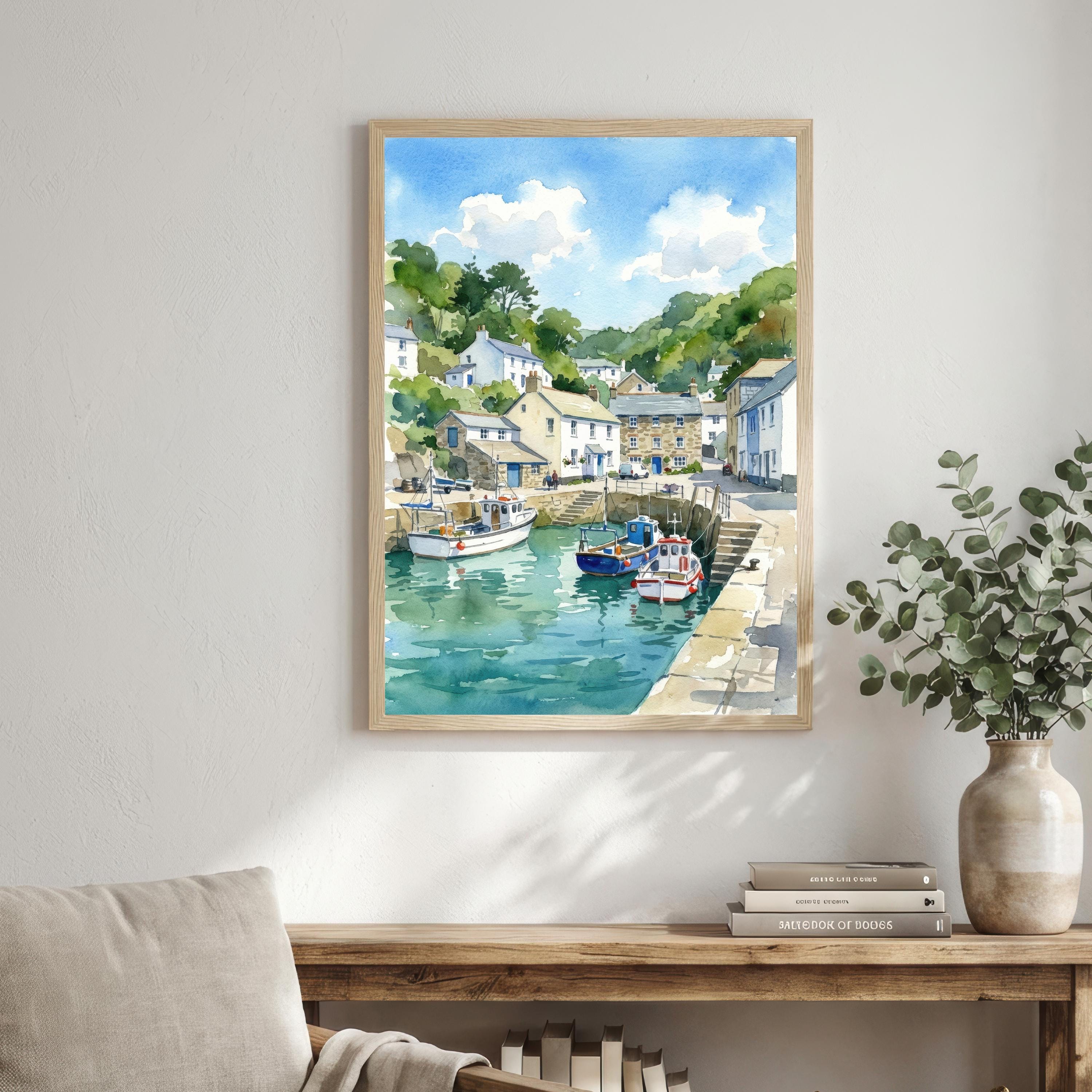 Polperro Harbour Cornwall Watercolour Painting Poster England Wall Art Coastal Village Landscape Print Gift for UK Travel Lovers