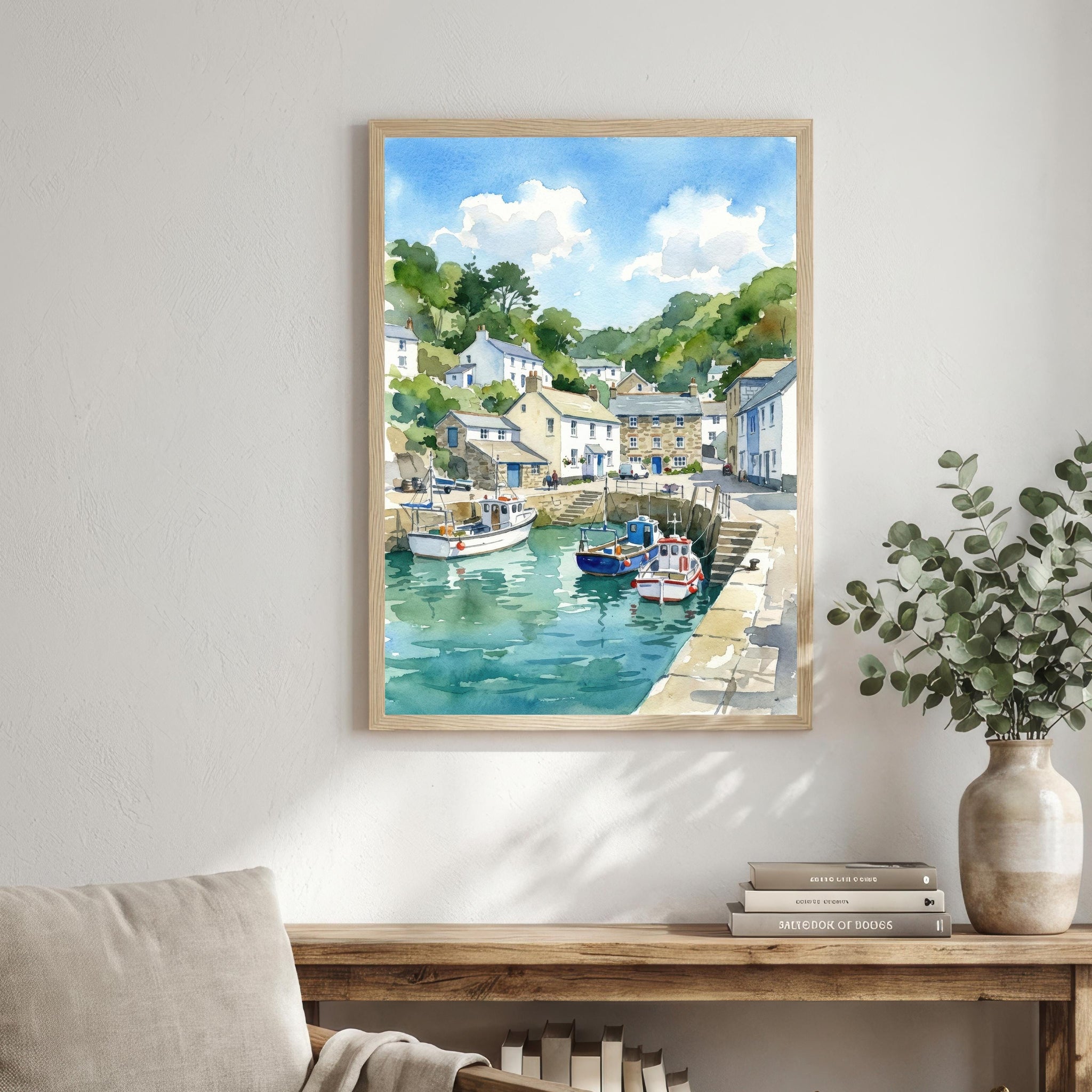 Polperro Harbour Cornwall Watercolour Painting Poster England Wall Art Coastal Village Landscape Print Gift for UK Travel Lovers