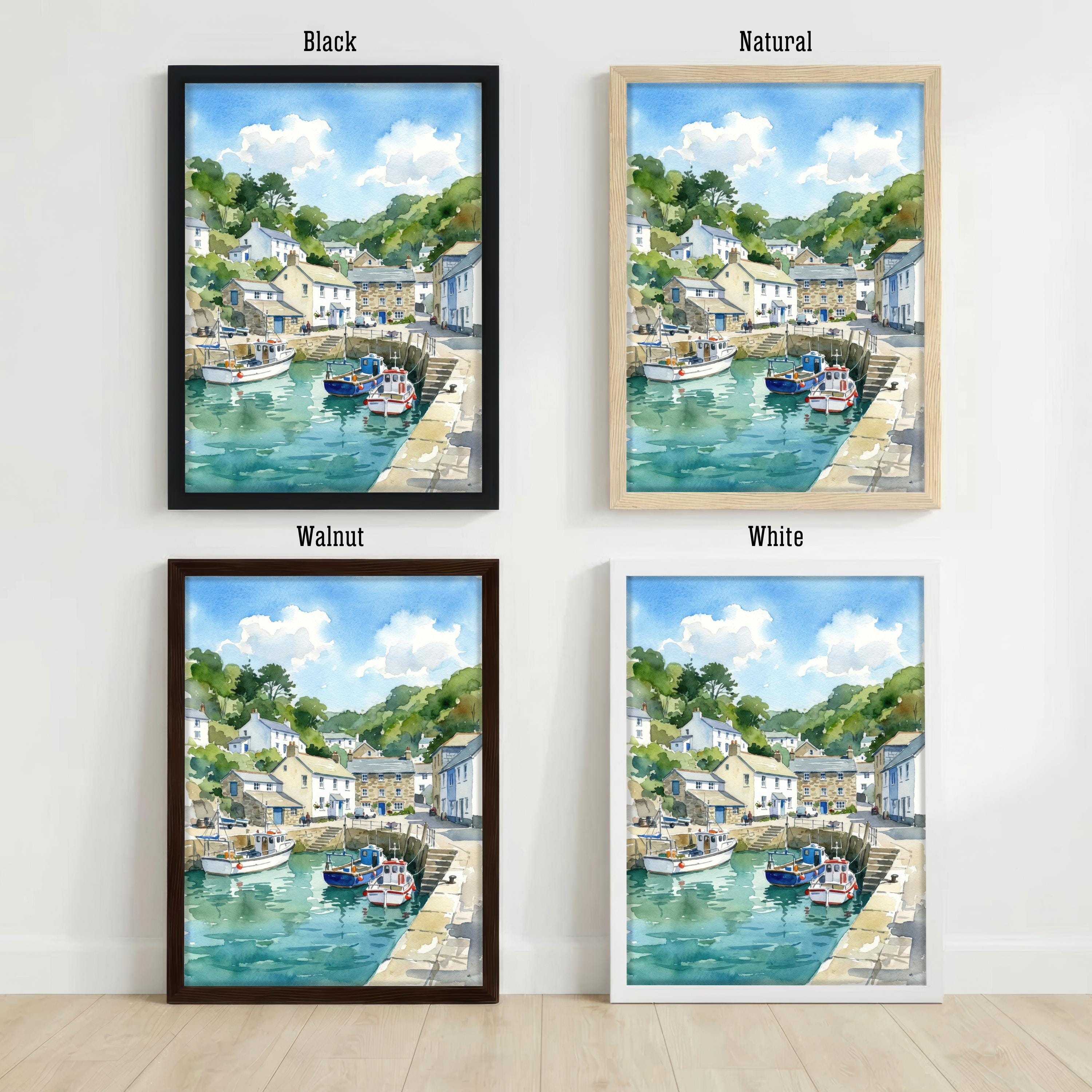 Polperro Harbour Cornwall Watercolour Painting Poster England Wall Art Coastal Village Landscape Print Gift for UK Travel Lovers
