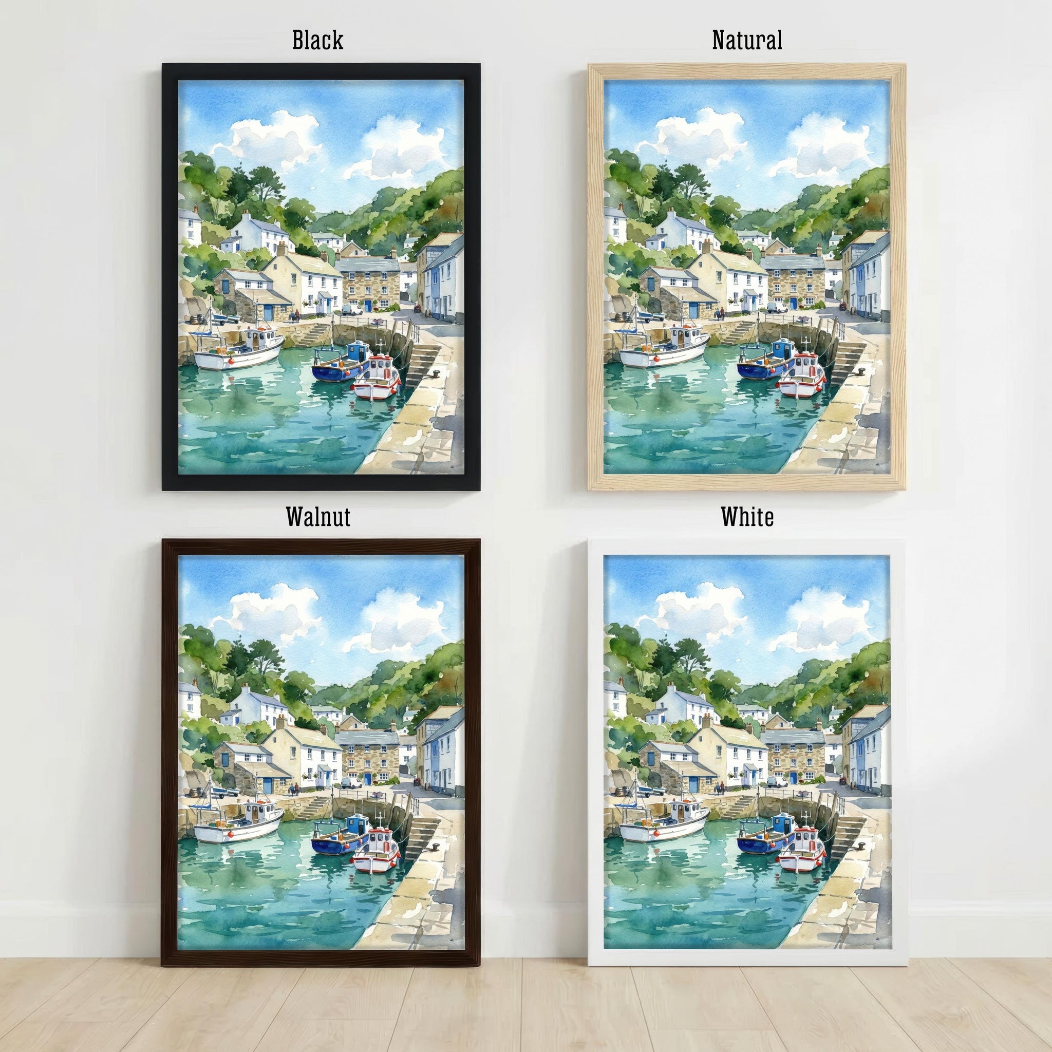 Polperro Harbour Cornwall Watercolour Painting Poster England Wall Art Coastal Village Landscape Print Gift for UK Travel Lovers