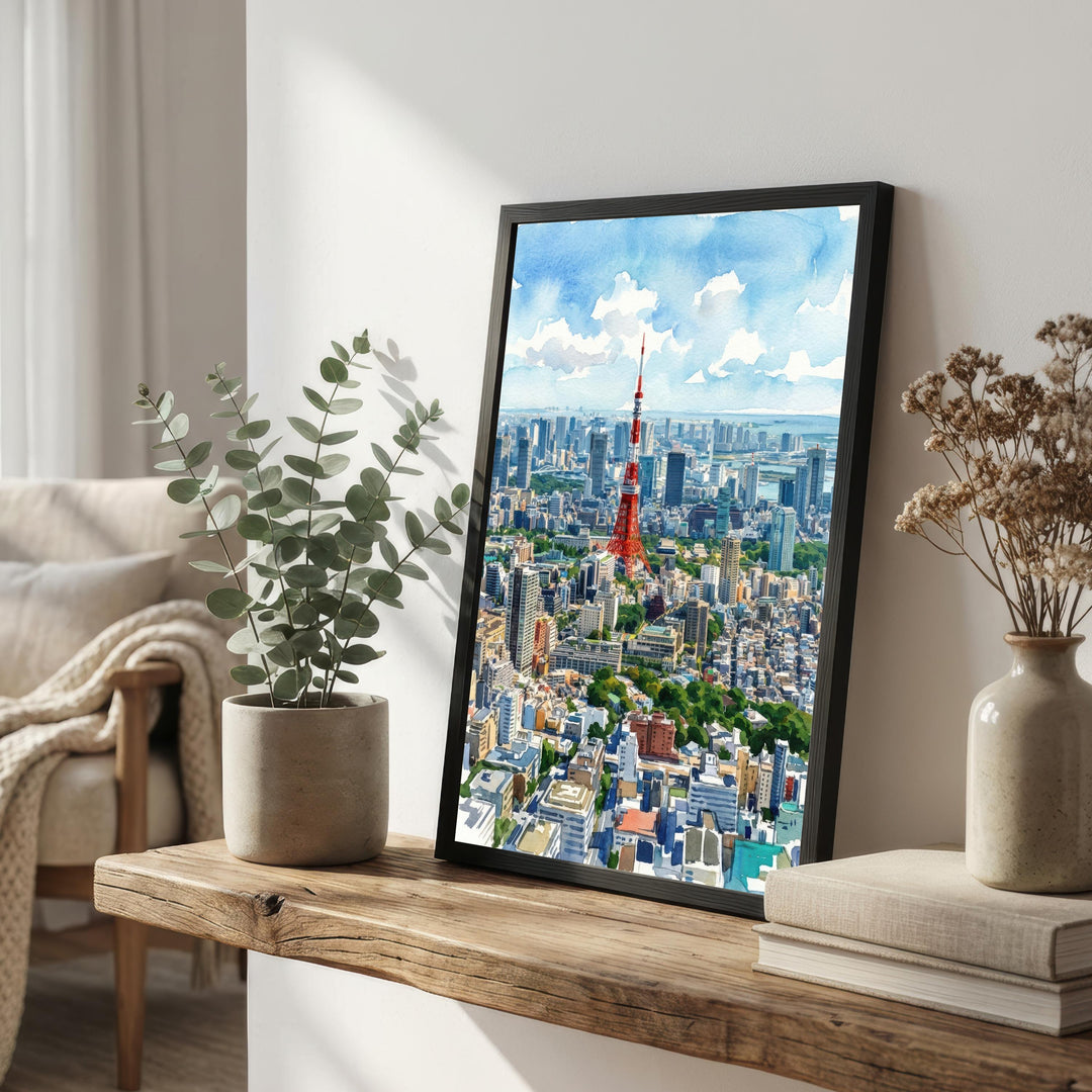 Tokyo Watercolor Cityscape Print: Japan Skyline Scenic Wall Art