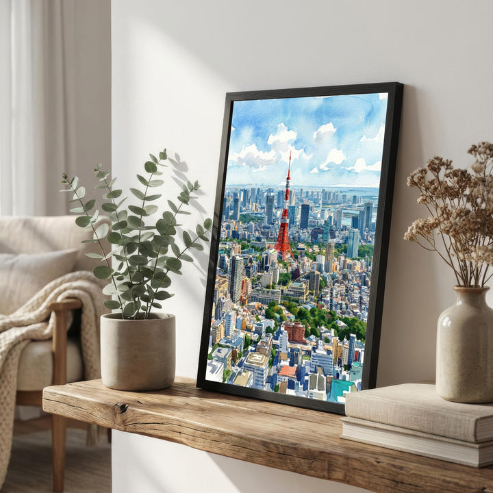 Tokyo Watercolor Cityscape Print: Japan Skyline Scenic Wall Art