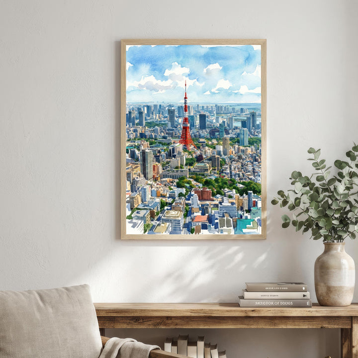 Tokyo Watercolor Cityscape Print: Japan Skyline Scenic Wall Art