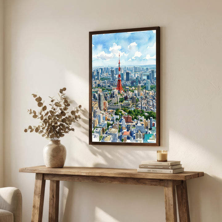 Tokyo Watercolor Cityscape Print: Japan Skyline Scenic Wall Art