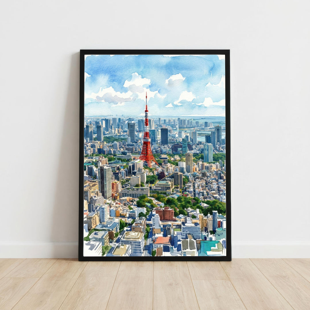 Tokyo Watercolor Painting Poster Japan Wall Art City Skyline Landscape Print Gift for Asia Travel Lovers and Scenic Decor Fans