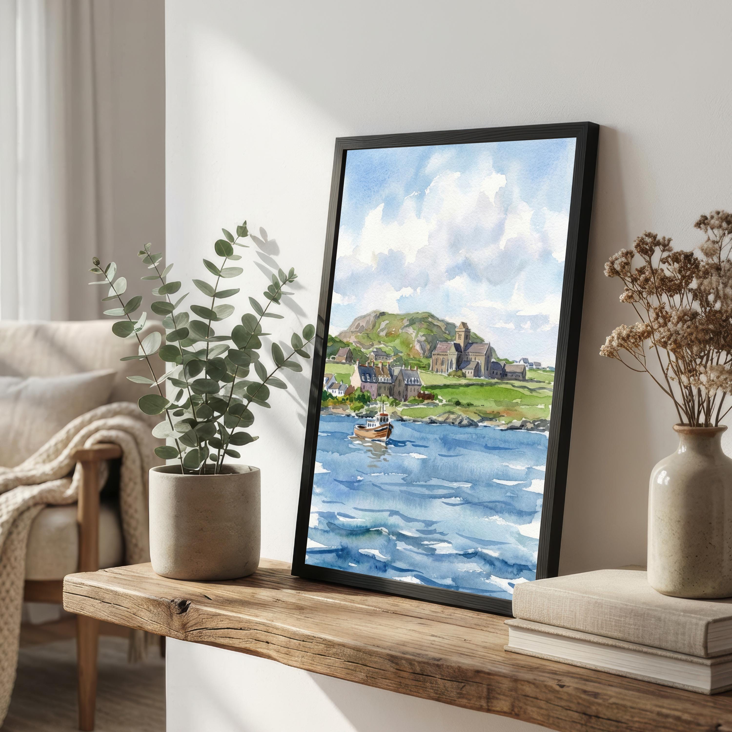 Isle of Iona Watercolour Painting Poster Scotland Wall Art Coastal Island Landscape Print Gift for UK Travel Lovers and Scenic Decor Fans