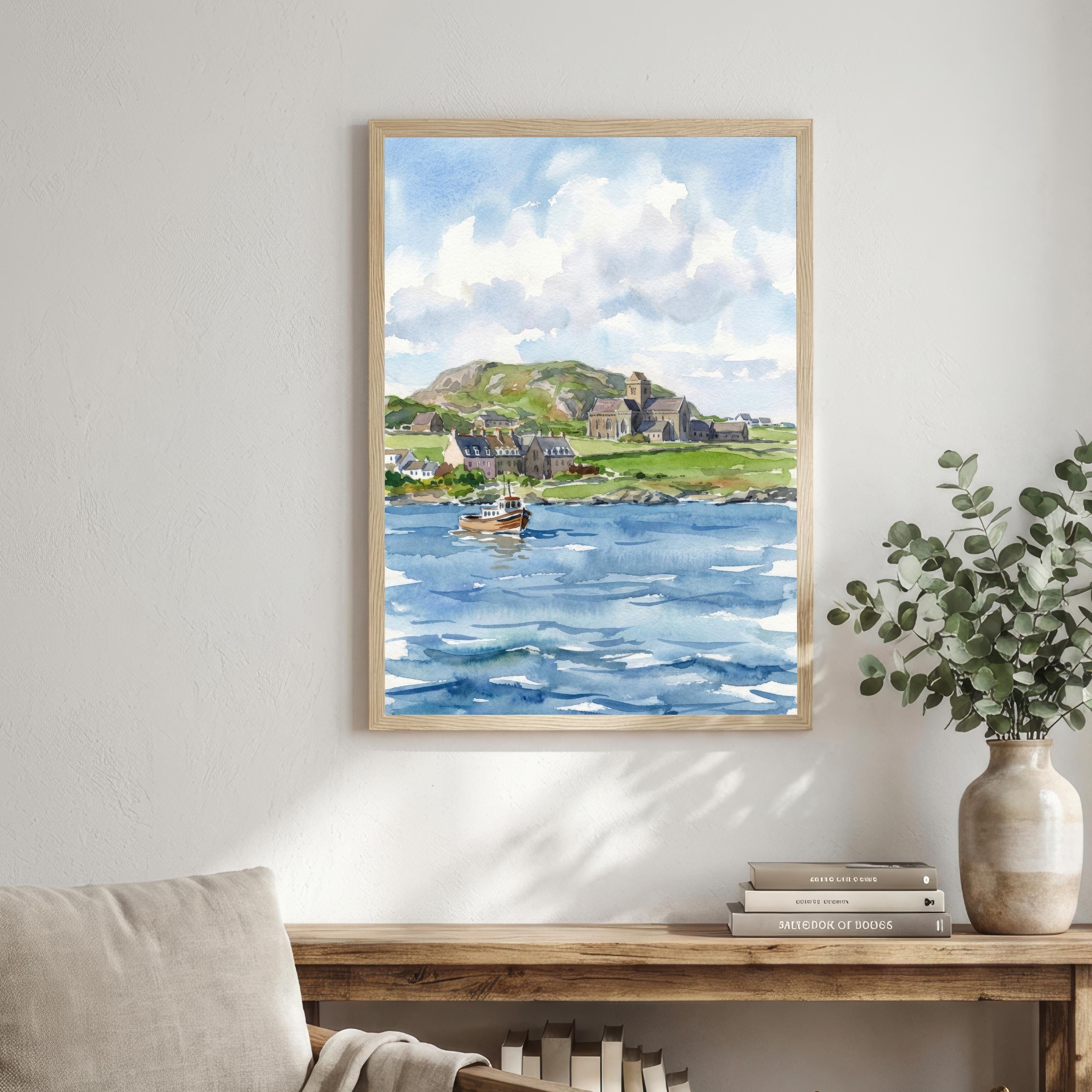 Isle of Iona Watercolour Painting Poster Scotland Wall Art Coastal Island Landscape Print Gift for UK Travel Lovers and Scenic Decor Fans