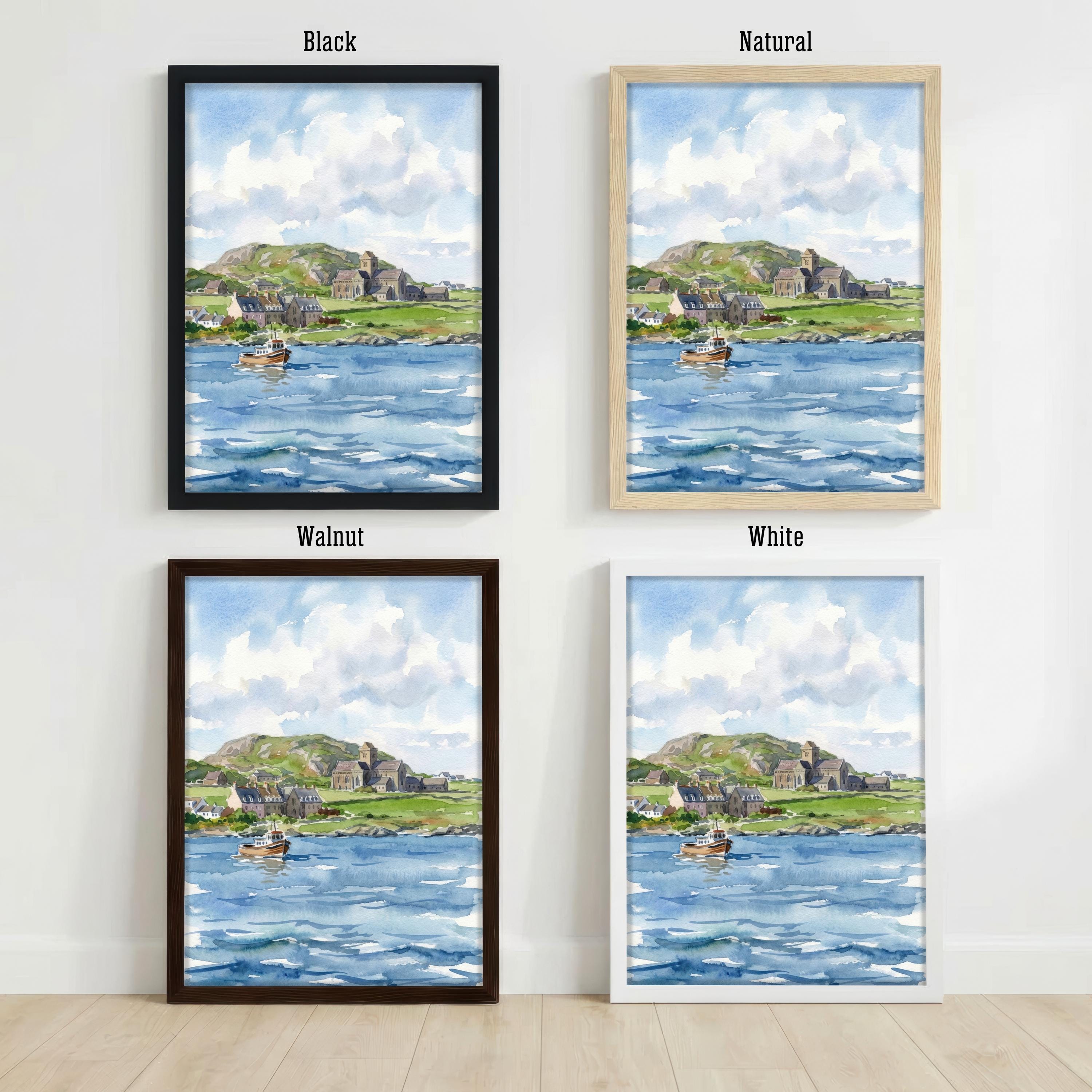 Isle of Iona Watercolour Painting Poster Scotland Wall Art Coastal Island Landscape Print Gift for UK Travel Lovers and Scenic Decor Fans