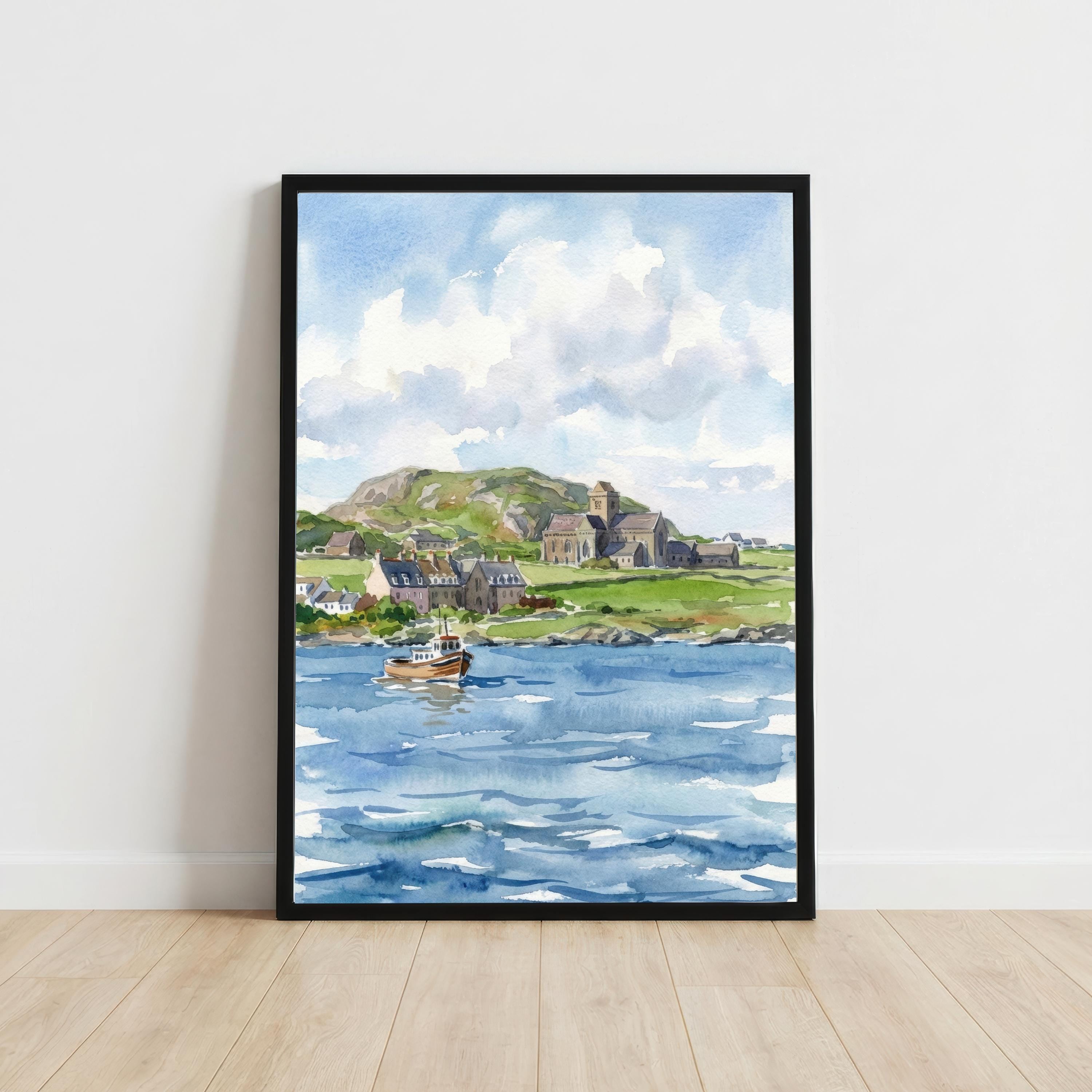 Isle of Iona Watercolour Painting Poster Scotland Wall Art Coastal Island Landscape Print Gift for UK Travel Lovers and Scenic Decor Fans