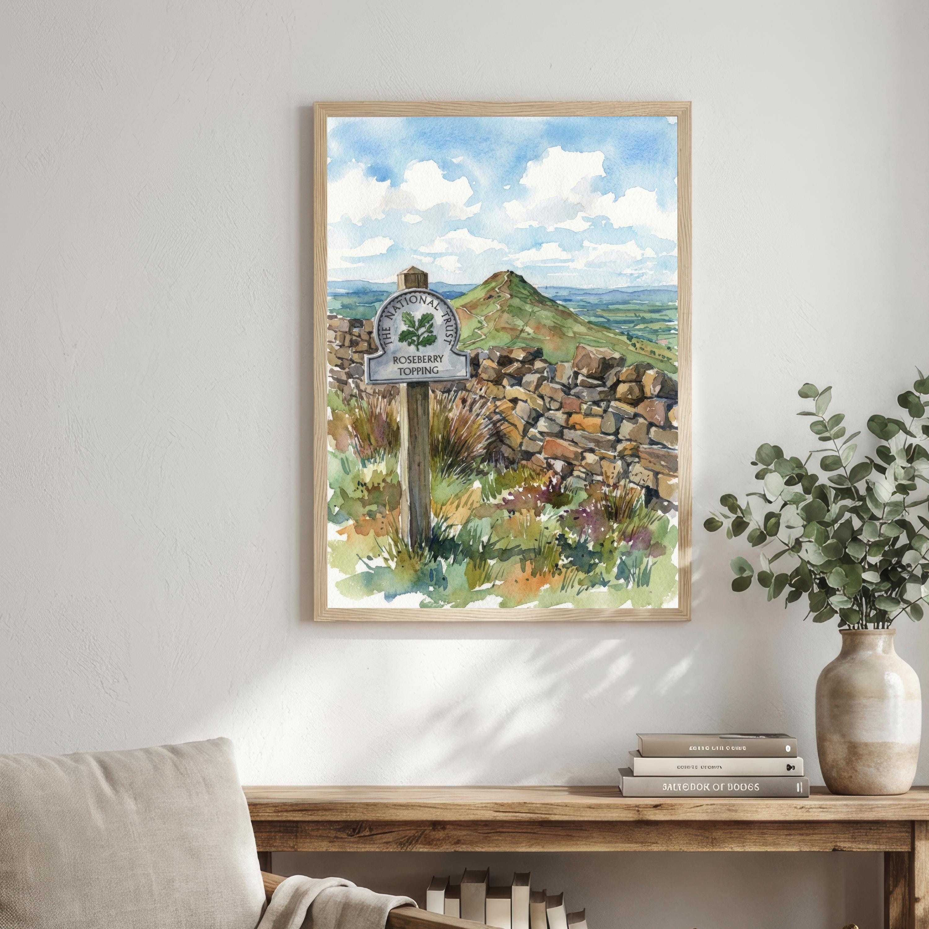 Roseberry Topping Watercolour Painting Poster England Wall Art Hill Landscape Print Gift for UK Travel Lovers and Scenic Decor Fans