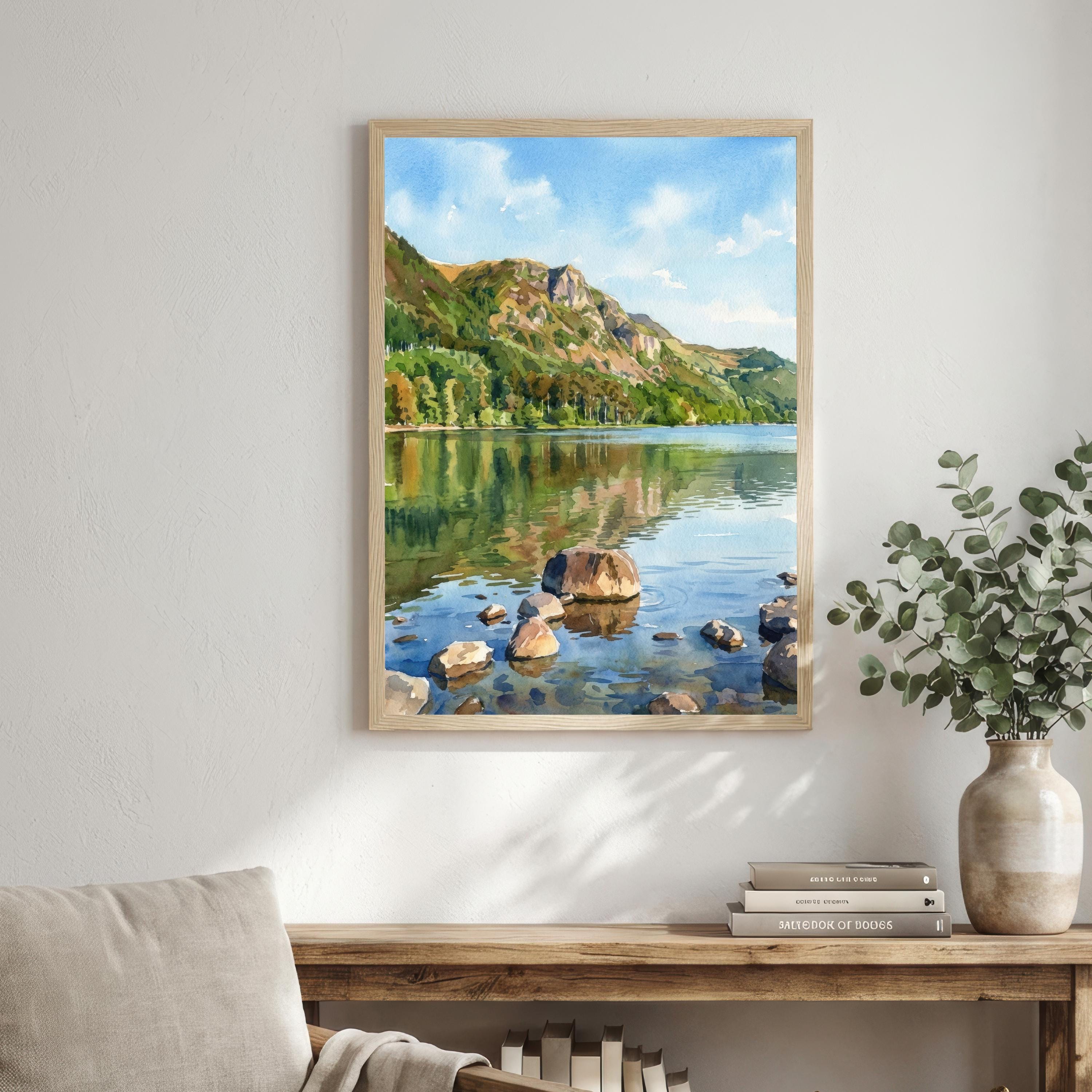 Coniston Water Watercolour Painting Poster Lake District England Wall Art Mountain Lake Landscape Print Gift for UK Travel Lovers and Scenic