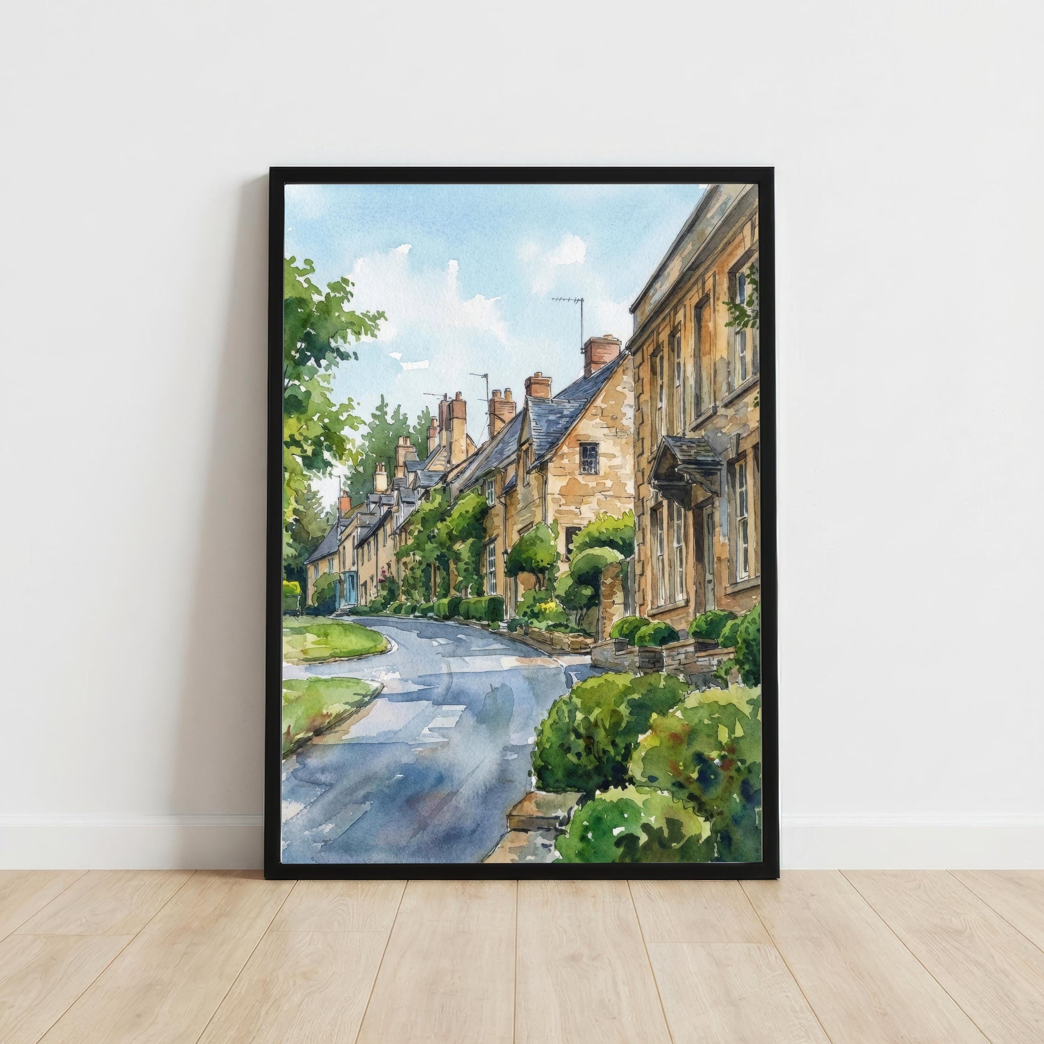 Cotswolds Watercolour Painting Poster England Wall Art Countryside Village Landscape Print Gift for UK Travel Lovers and Scenic Decor Fans