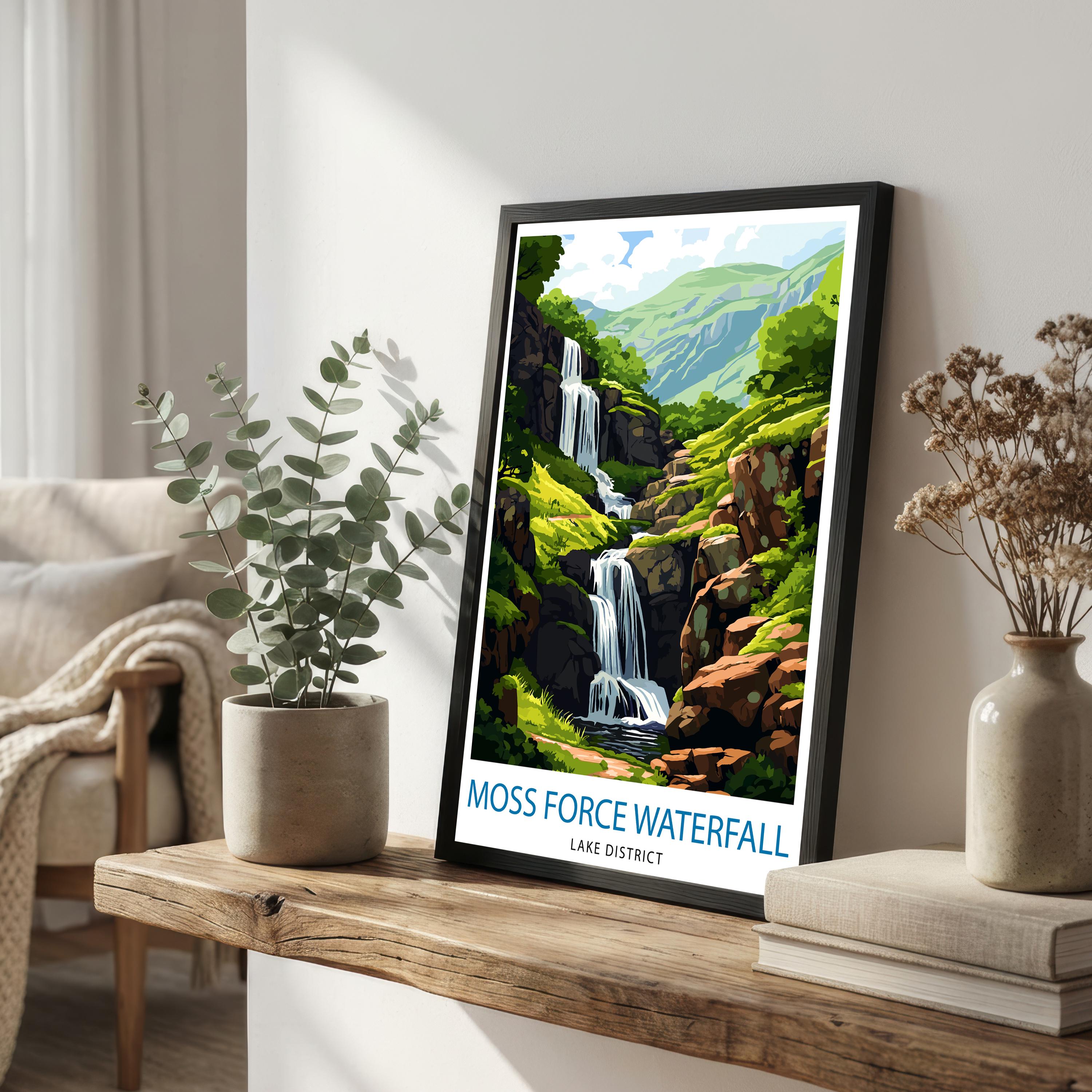 Moss Force Waterfall Lake District Travel Poster Print England Wall Art Landscape Decor Gift for UK Travel Lovers and Scenic Nature Fans