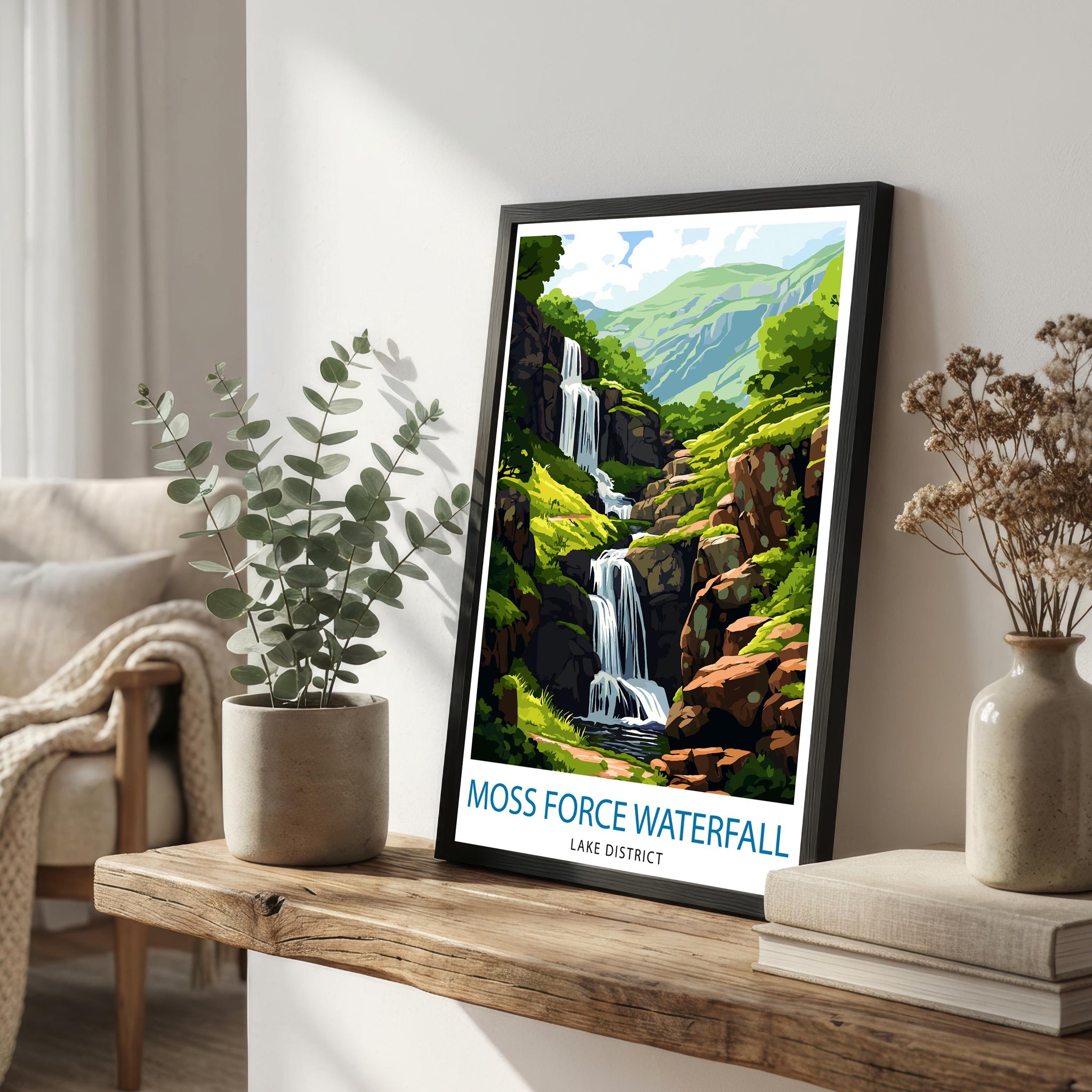Moss Force Waterfall Lake District Travel Poster Print England Wall Art Landscape Decor Gift for UK Travel Lovers and Scenic Nature Fans