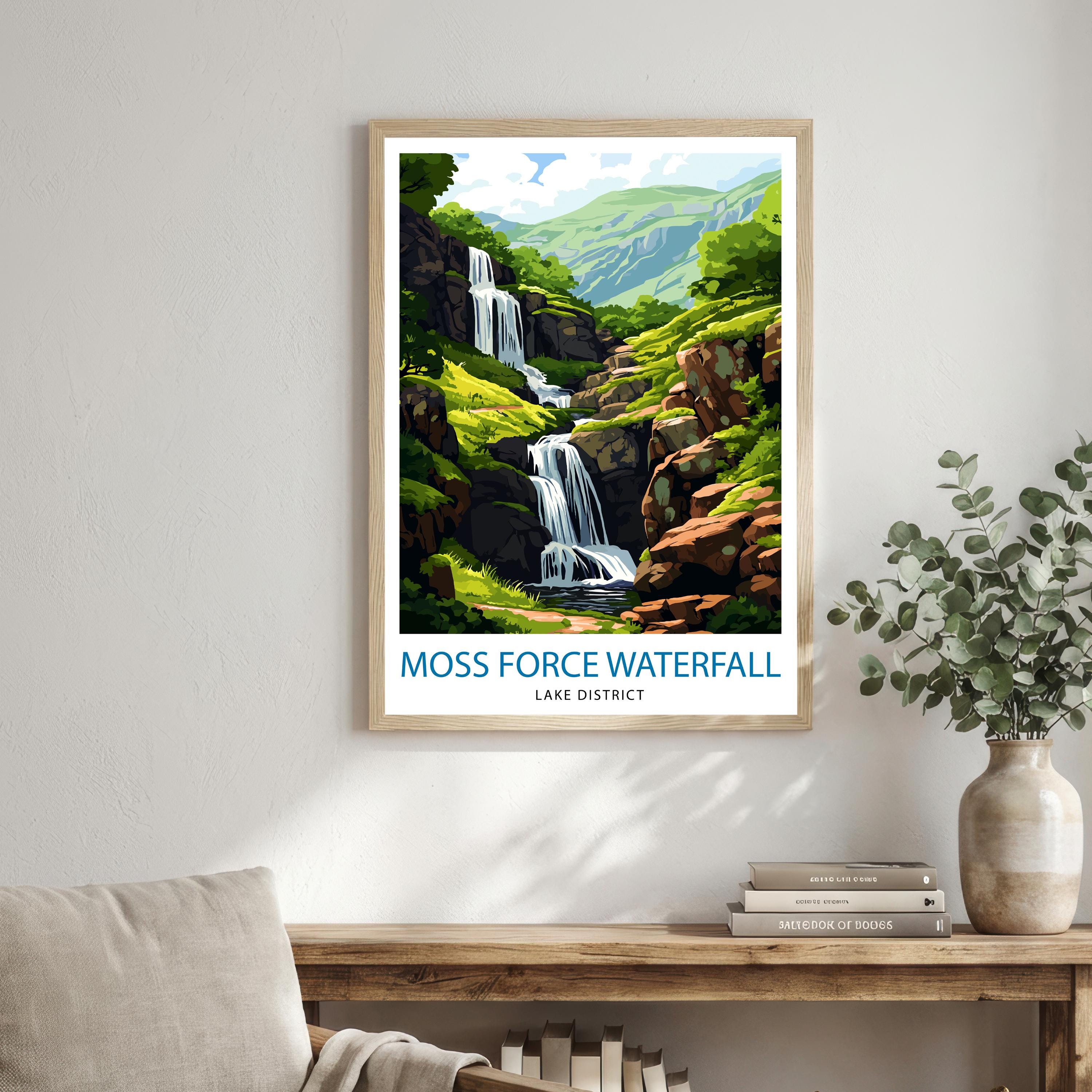 Moss Force Waterfall Lake District Travel Poster Print England Wall Art Landscape Decor Gift for UK Travel Lovers and Scenic Nature Fans