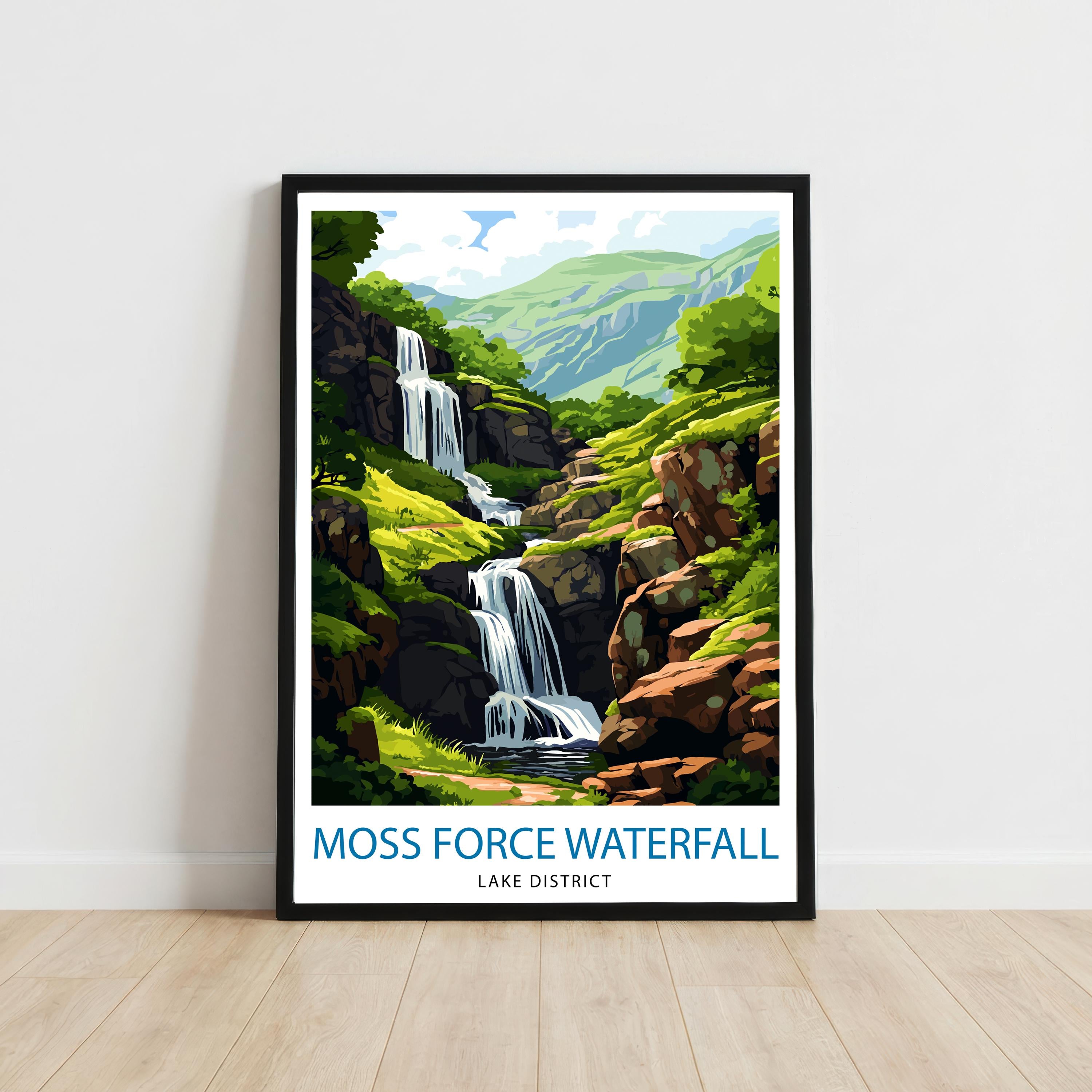 Moss Force Waterfall Lake District Travel Poster Print England Wall Art Landscape Decor Gift for UK Travel Lovers and Scenic Nature Fans
