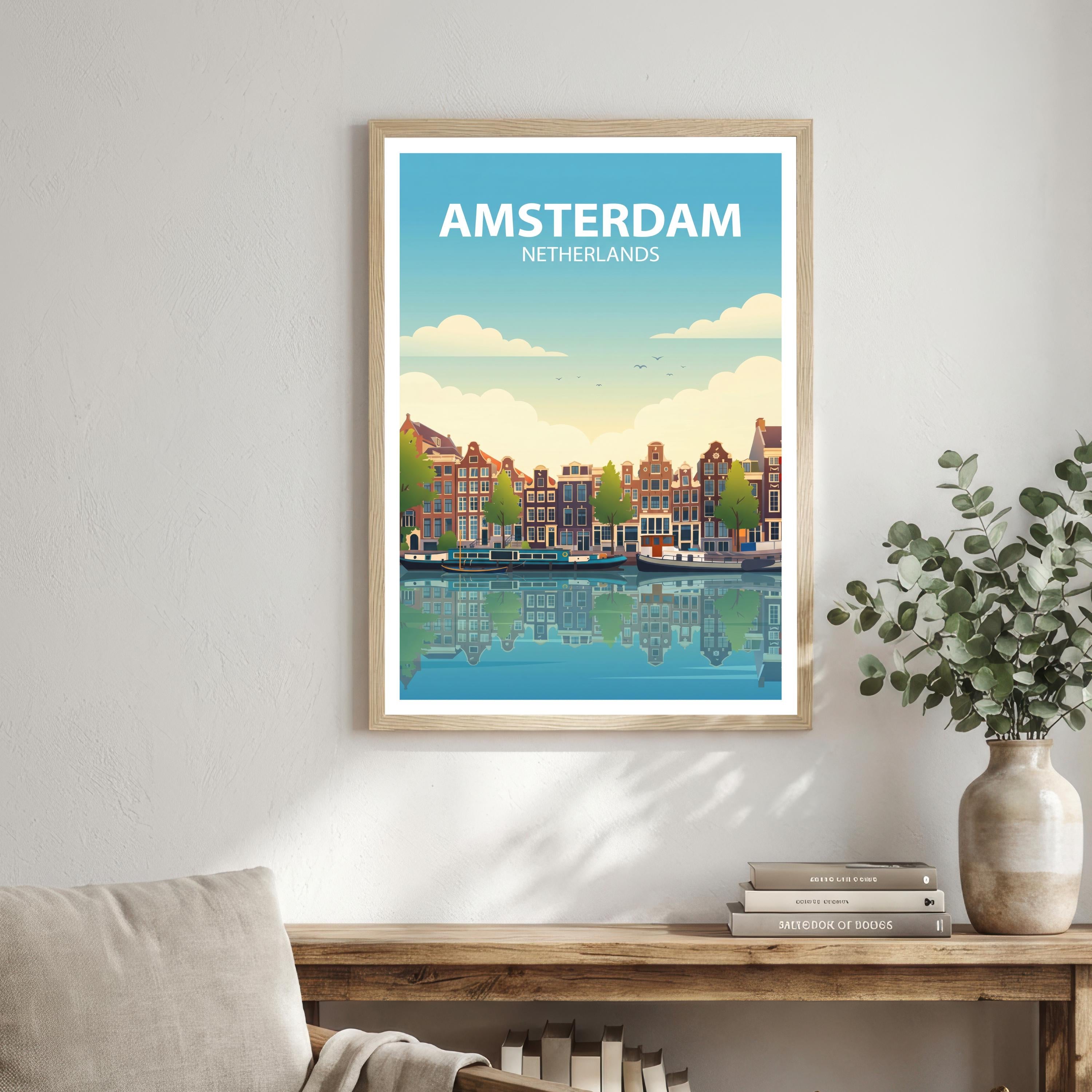 Amsterdam Travel Poster Print Netherlands Wall Art Canal City Landscape Decor Gift for Europe Travel Lovers and Fans of Scenic Dutch