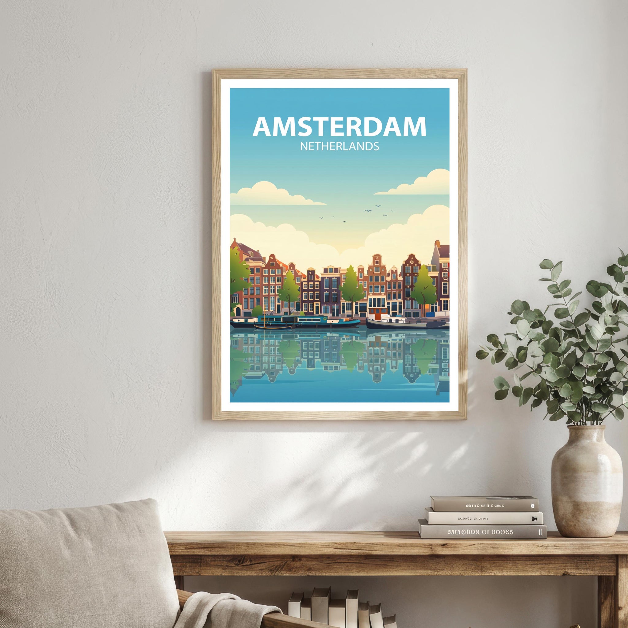 Amsterdam Travel Poster Print Netherlands Wall Art Canal City Landscape Decor Gift for Europe Travel Lovers and Fans of Scenic Dutch