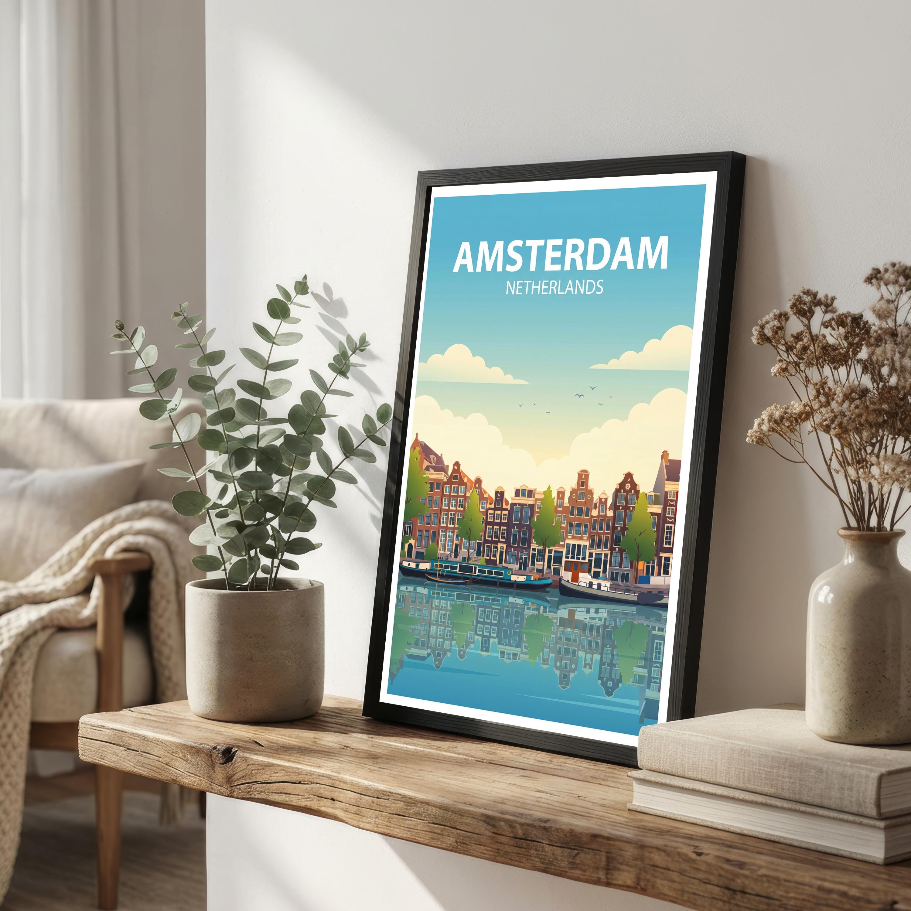 Amsterdam Travel Poster Print Netherlands Wall Art Canal City Landscape Decor Gift for Europe Travel Lovers and Fans of Scenic Dutch