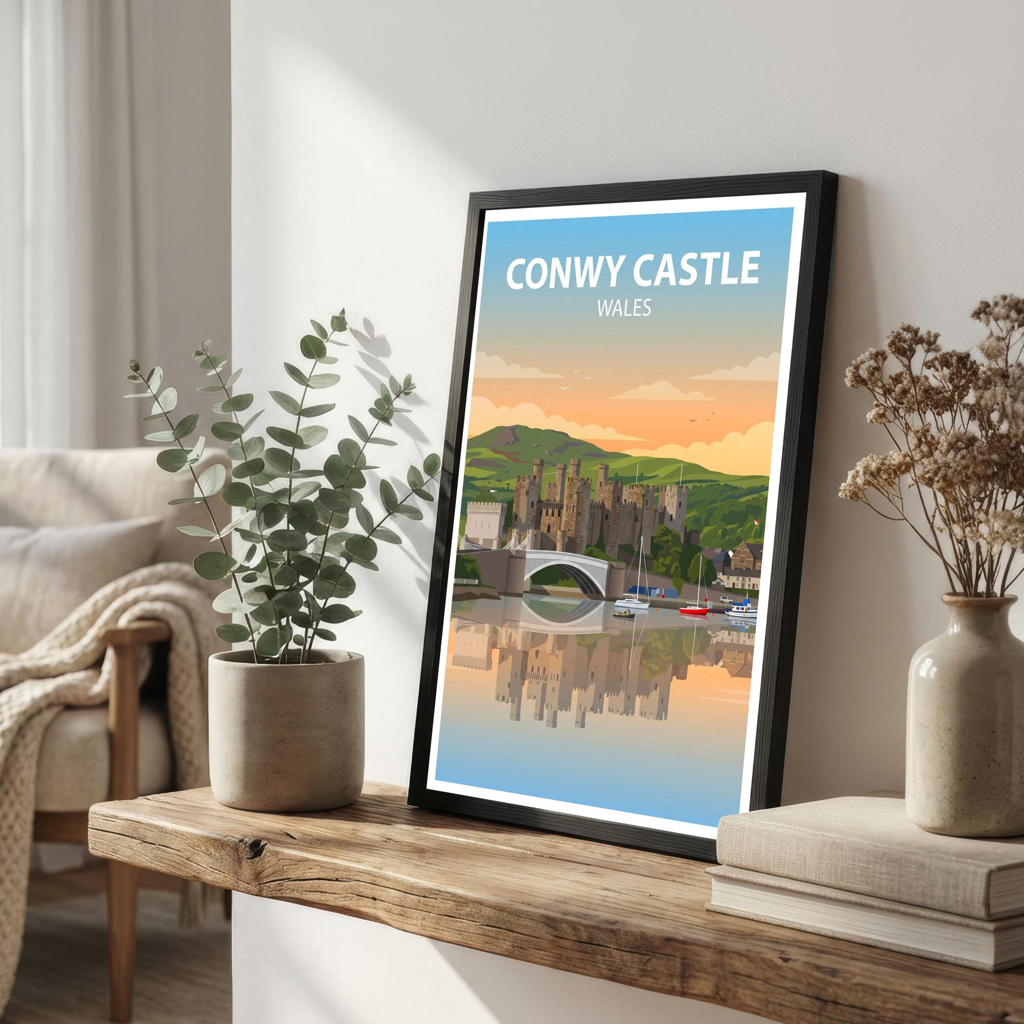 Conwy Castle Travel Poster Print Wales Wall Art Historic Castle Landscape Decor Gift for UK Travel Lovers and Scenic Heritage Fans