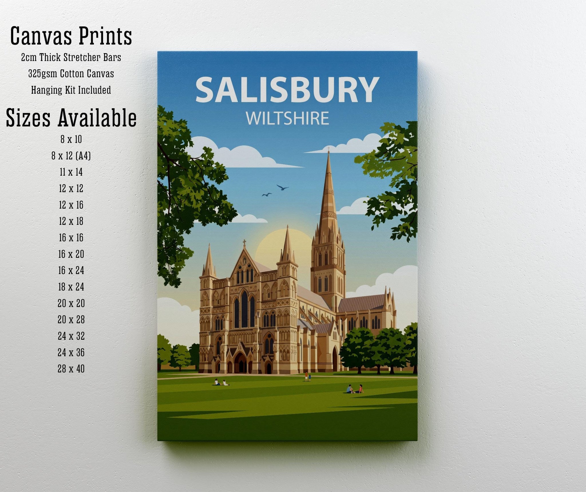 Salisbury Travel Poster Print England Wall Art Historic City Architecture Landscape Decor Gift for UK Travel Lovers and Scenic Decor Fans