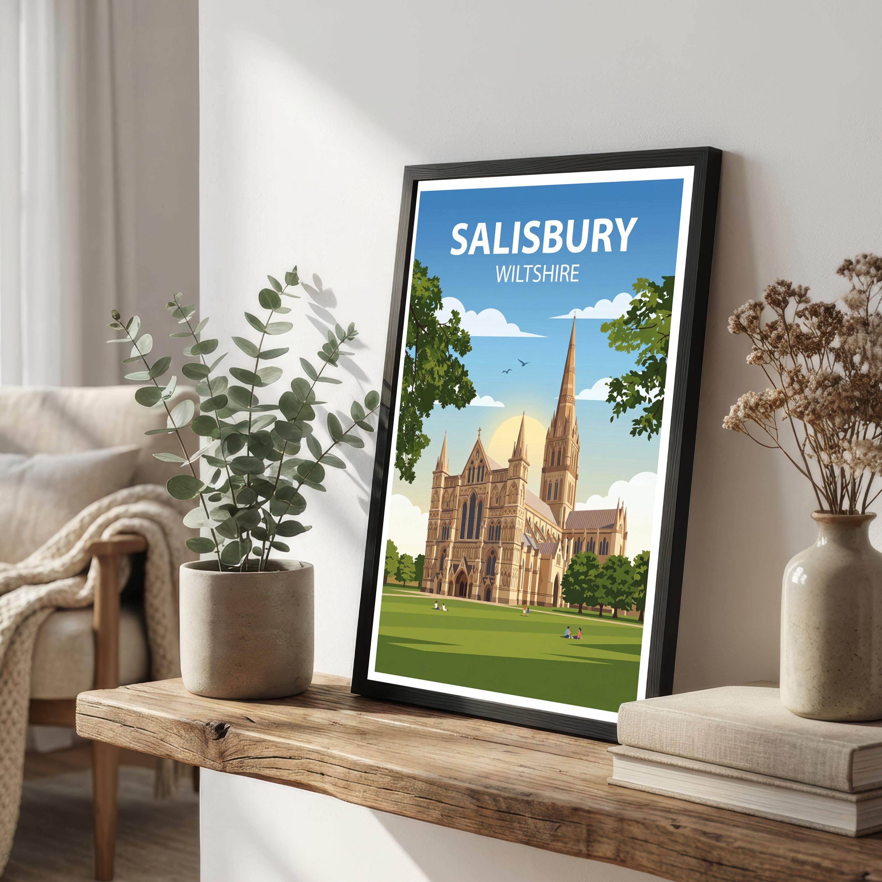 Salisbury Travel Poster Print England Wall Art Historic City Architecture Landscape Decor Gift for UK Travel Lovers and Scenic Decor Fans