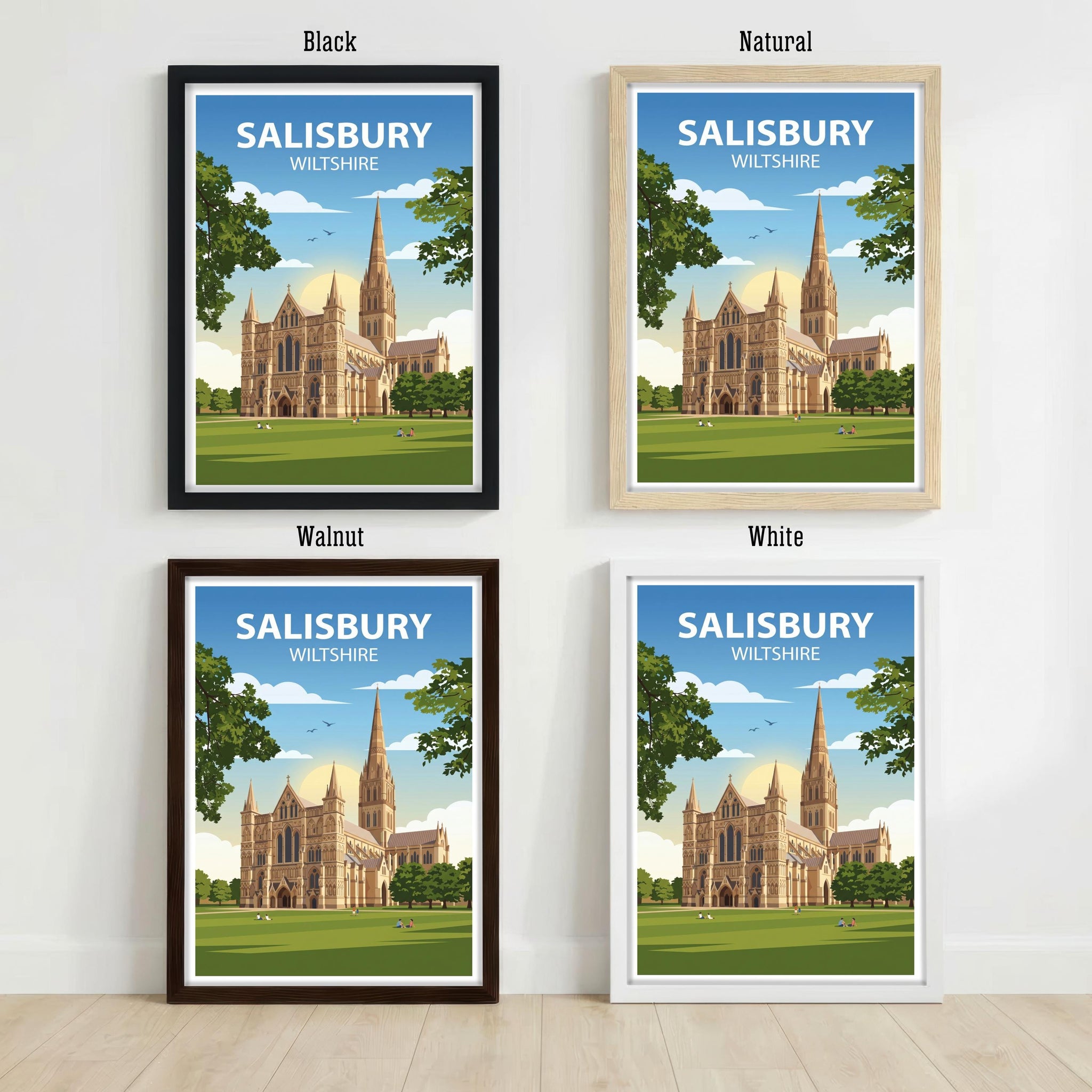 Salisbury Travel Poster Print England Wall Art Historic City Architecture Landscape Decor Gift for UK Travel Lovers and Scenic Decor Fans