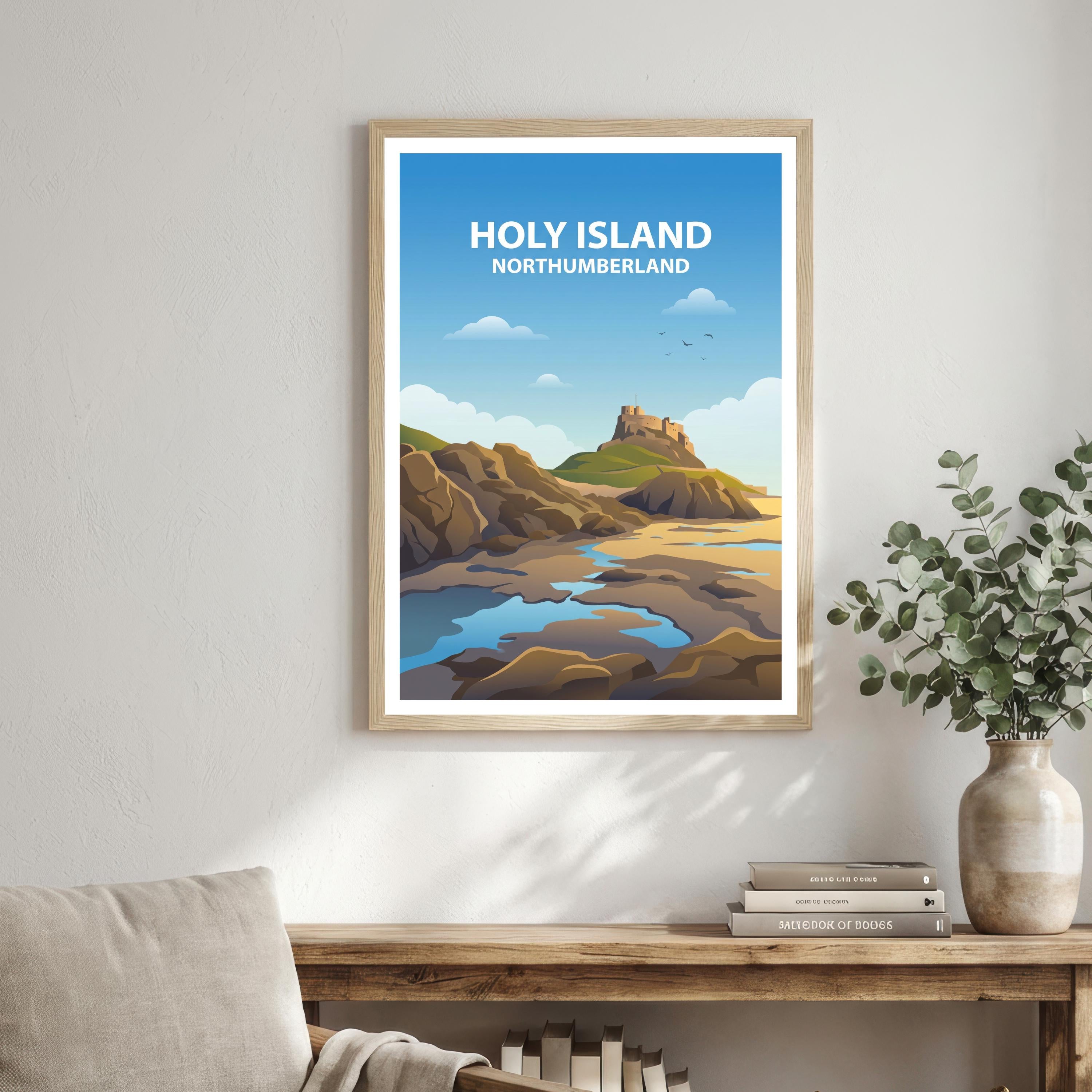 Holy Island Travel Poster Print England Wall Art Coastal Landscape Decor Gift for UK Travel Lovers and Scenic Heritage Fans