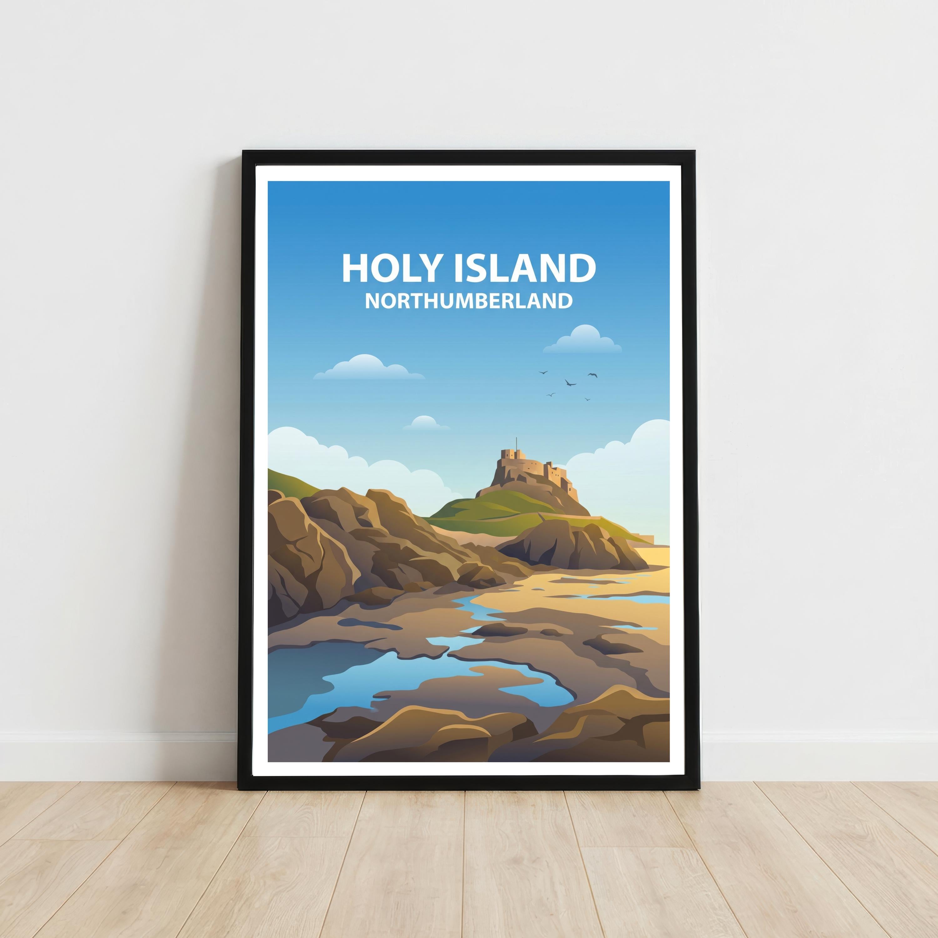 Holy Island Travel Poster Print England Wall Art Coastal Landscape Decor Gift for UK Travel Lovers and Scenic Heritage Fans