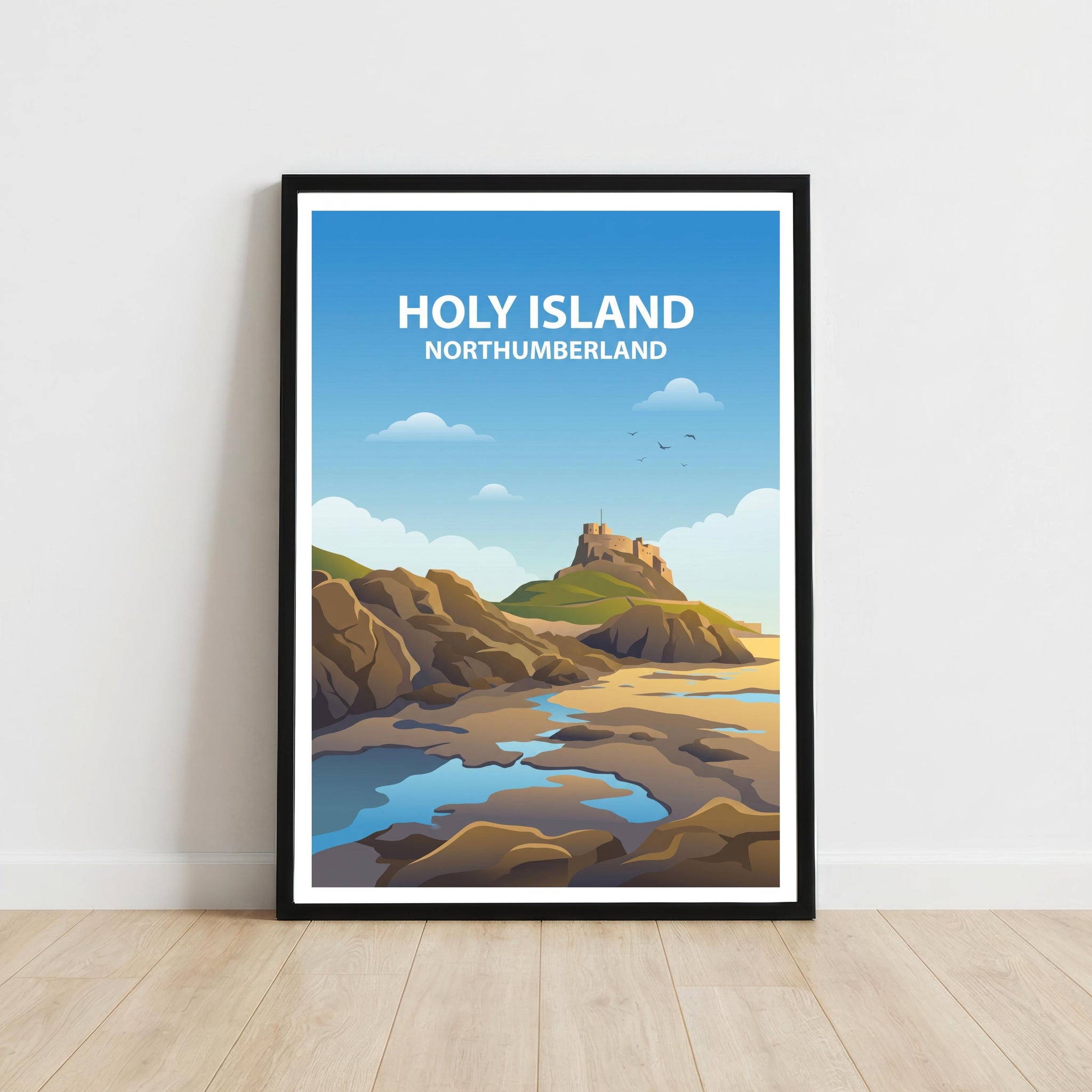 Holy Island Travel Poster Print England Wall Art Coastal Landscape Decor Gift for UK Travel Lovers and Scenic Heritage Fans