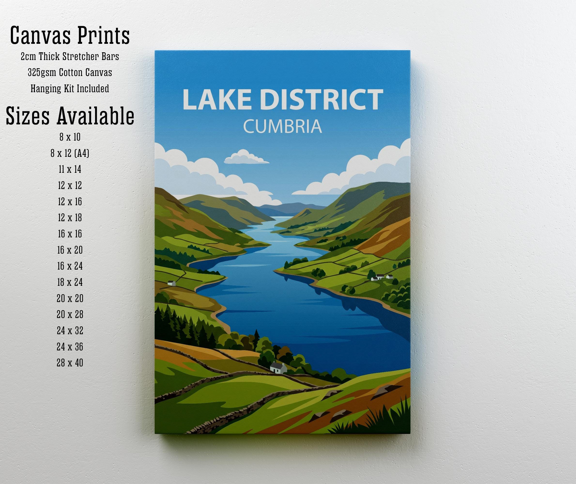 Lake District Cumbria Travel Poster Print, Scenic England Landscape Wall Art