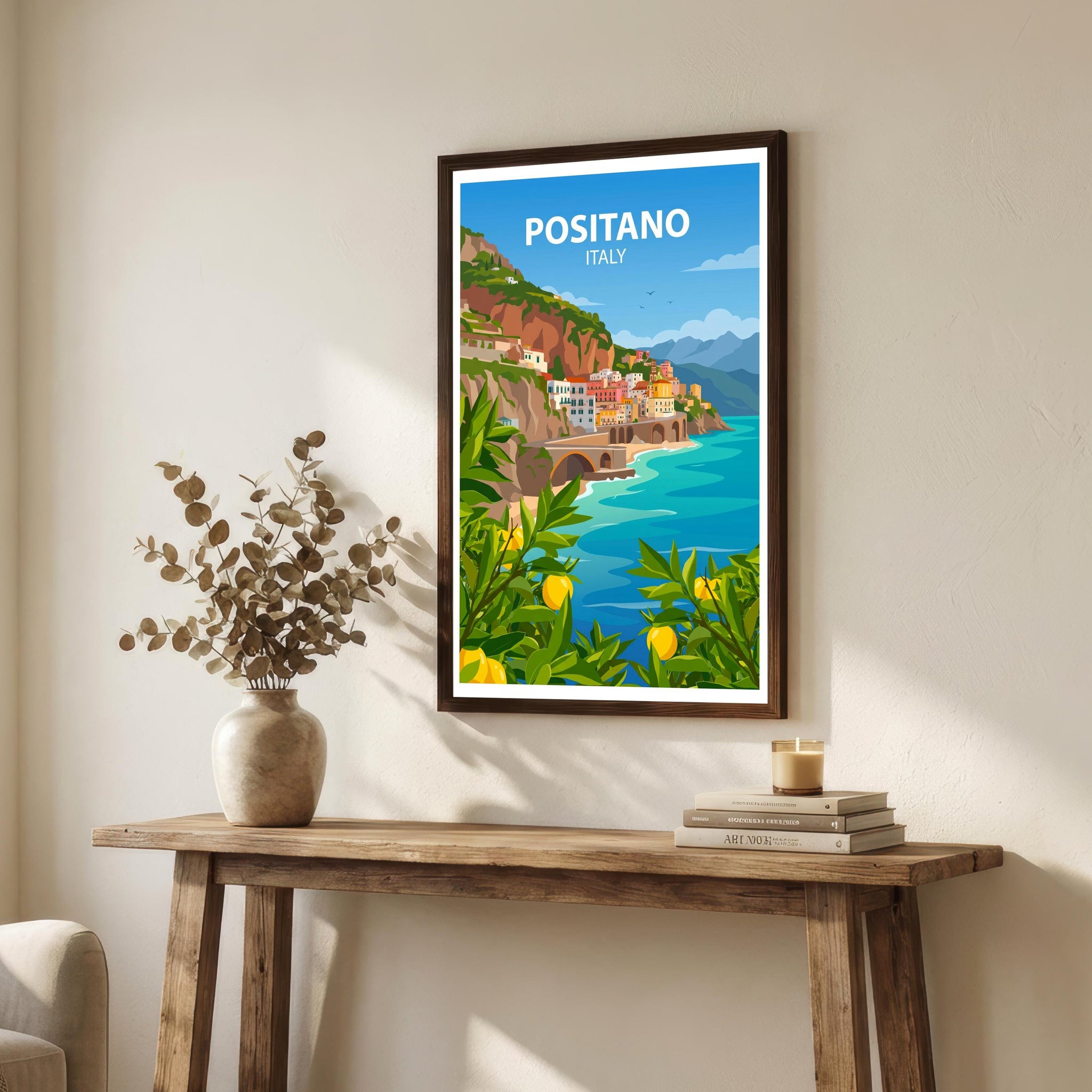 Positano Italy Travel Poster: Amalfi Coast Village Wall Art, Scenic Landscape Decor
