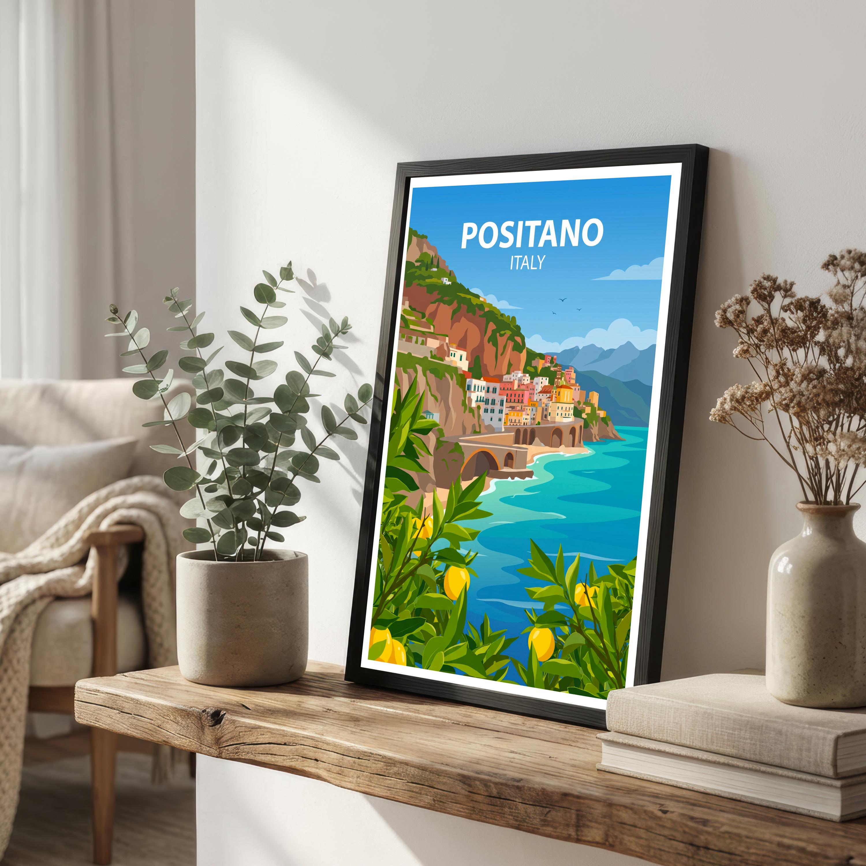 Positano Italy Travel Poster: Amalfi Coast Village Wall Art, Scenic Landscape Decor