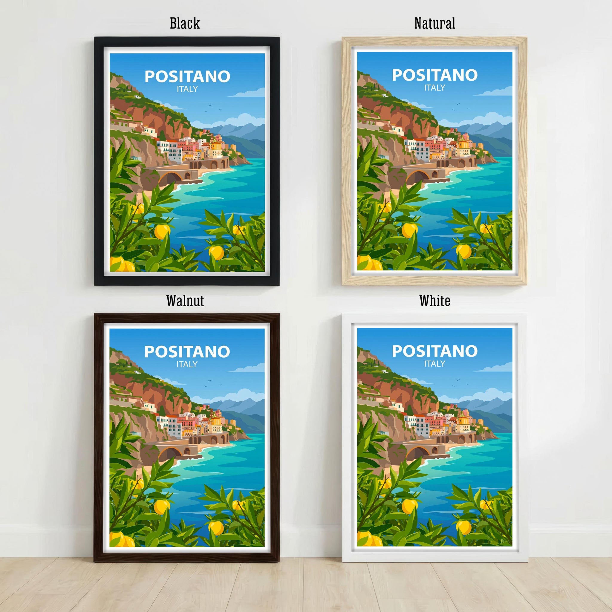 Positano Italy Travel Poster: Amalfi Coast Village Wall Art, Scenic Landscape Decor