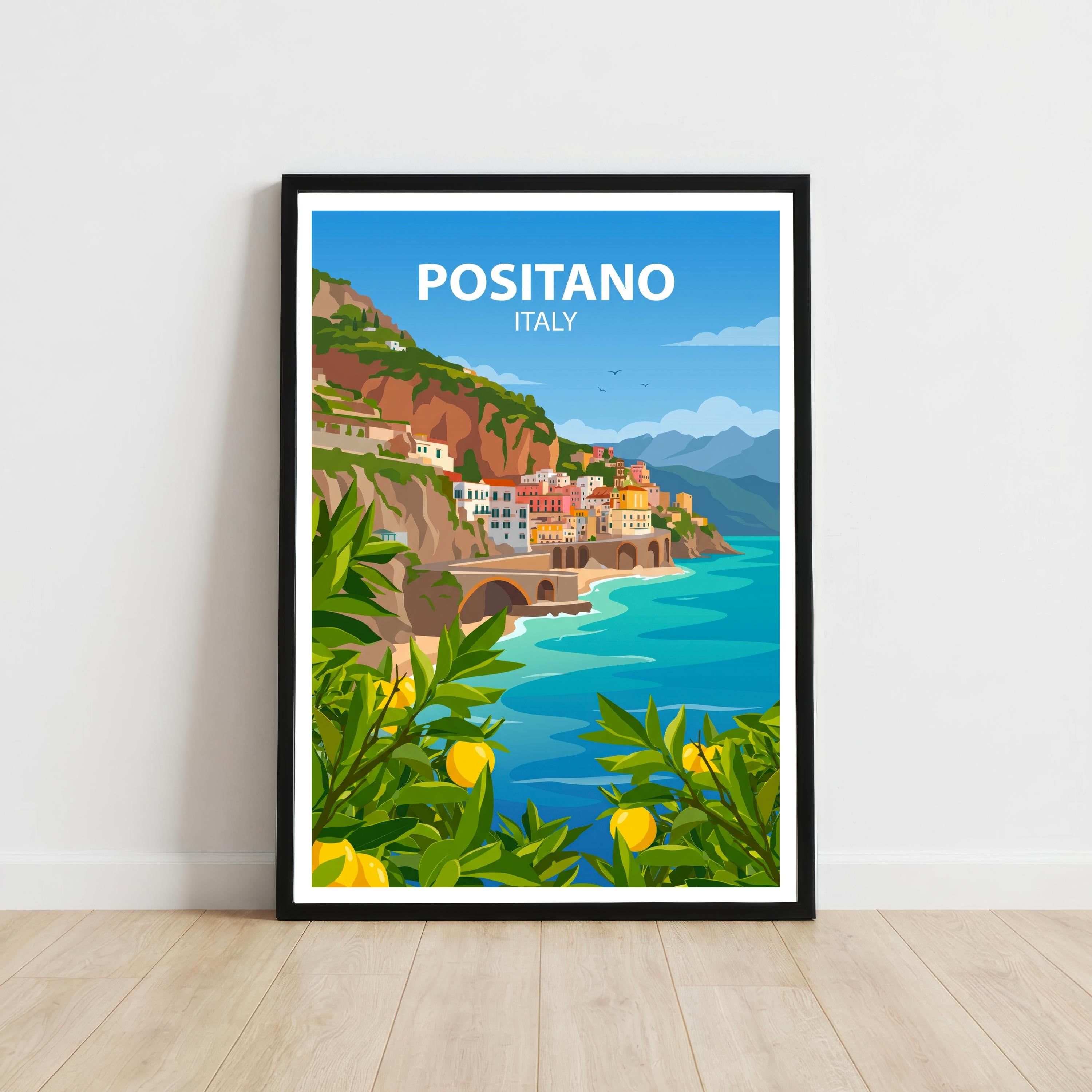 Positano Italy Travel Poster: Amalfi Coast Village Wall Art, Scenic Landscape Decor