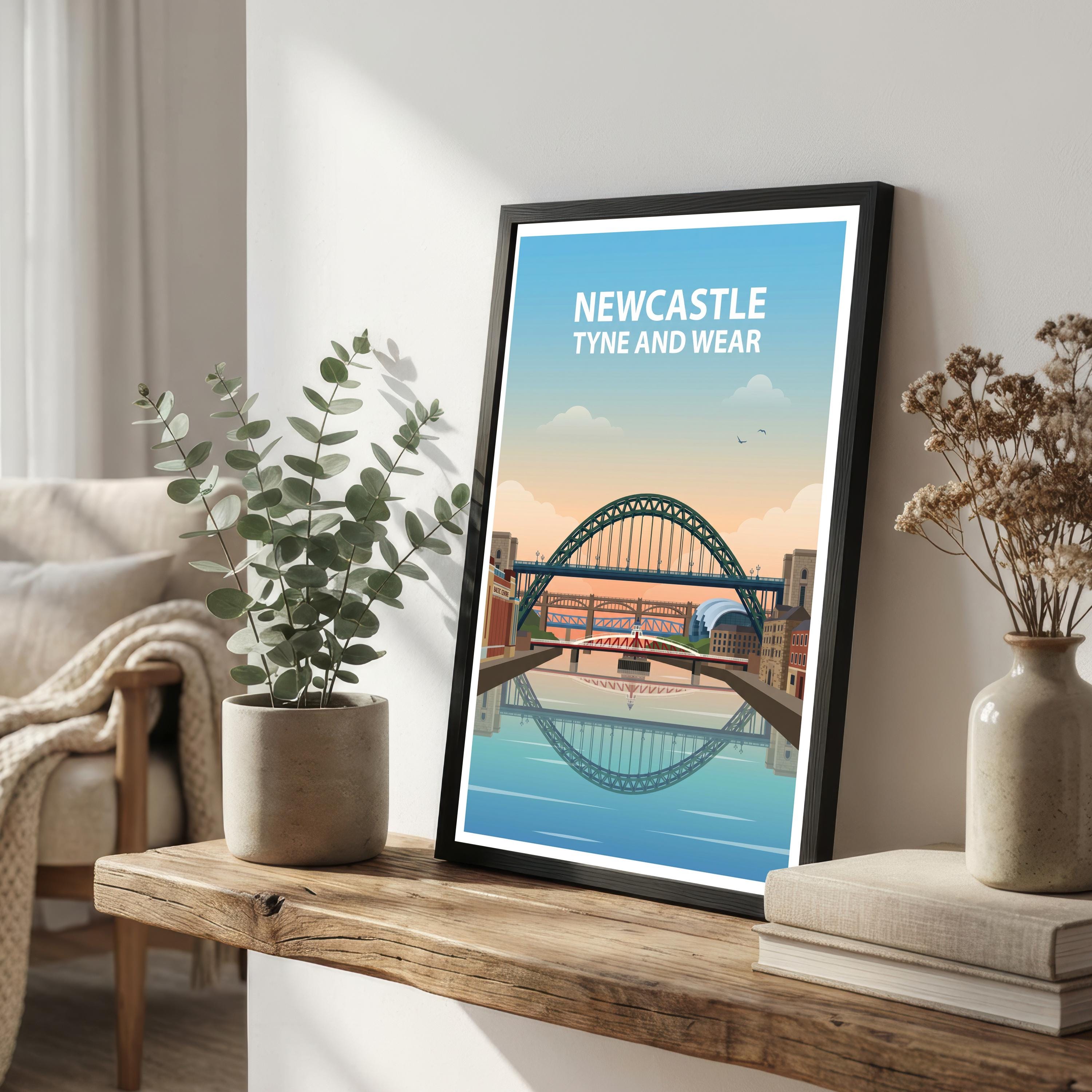 Newcastle Travel Poster Print England Wall Art City Skyline Landscape Decor Gift for UK Travel Lovers and Fans of Scenic Urban Architecture