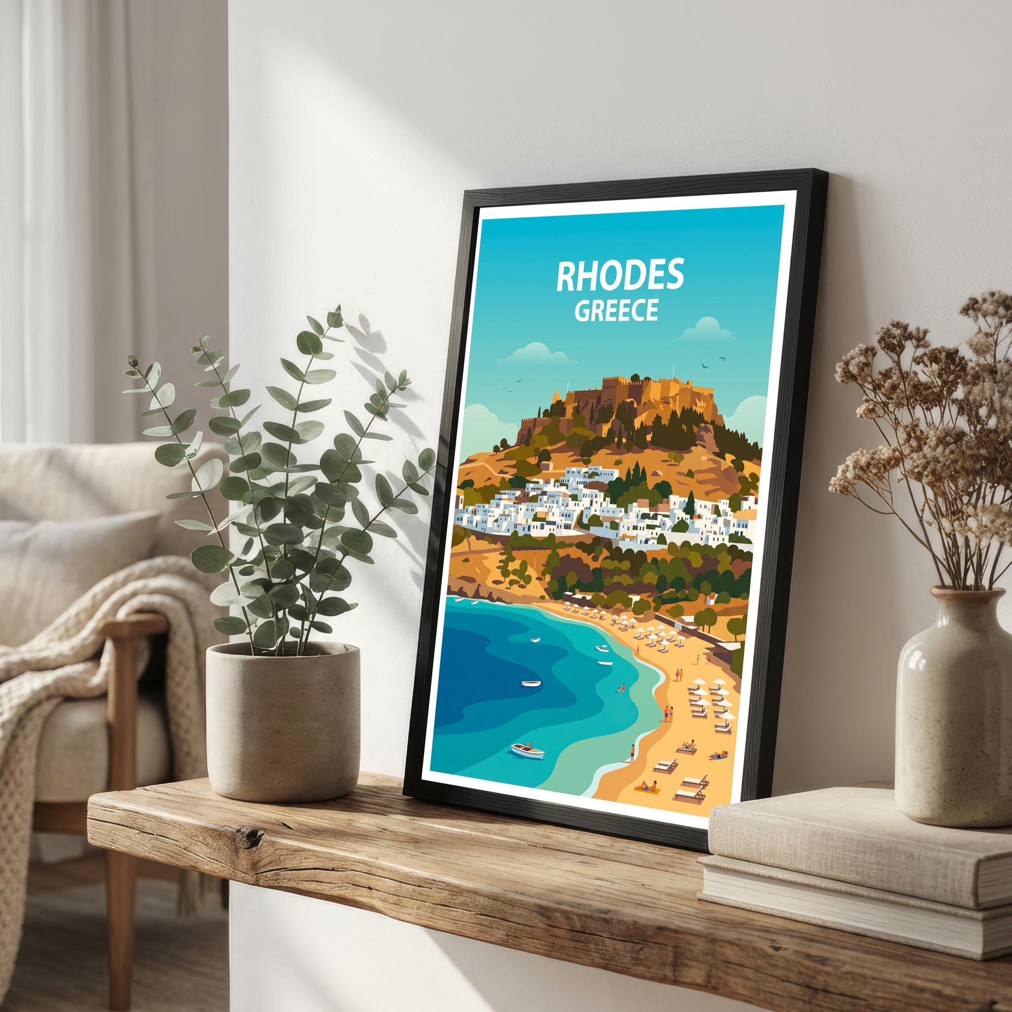 Rhodes Travel Poster Print Greece Wall Art Island Coastal Landscape Decor Gift for Europe Travel Lovers and Scenic Mediterranean Fans