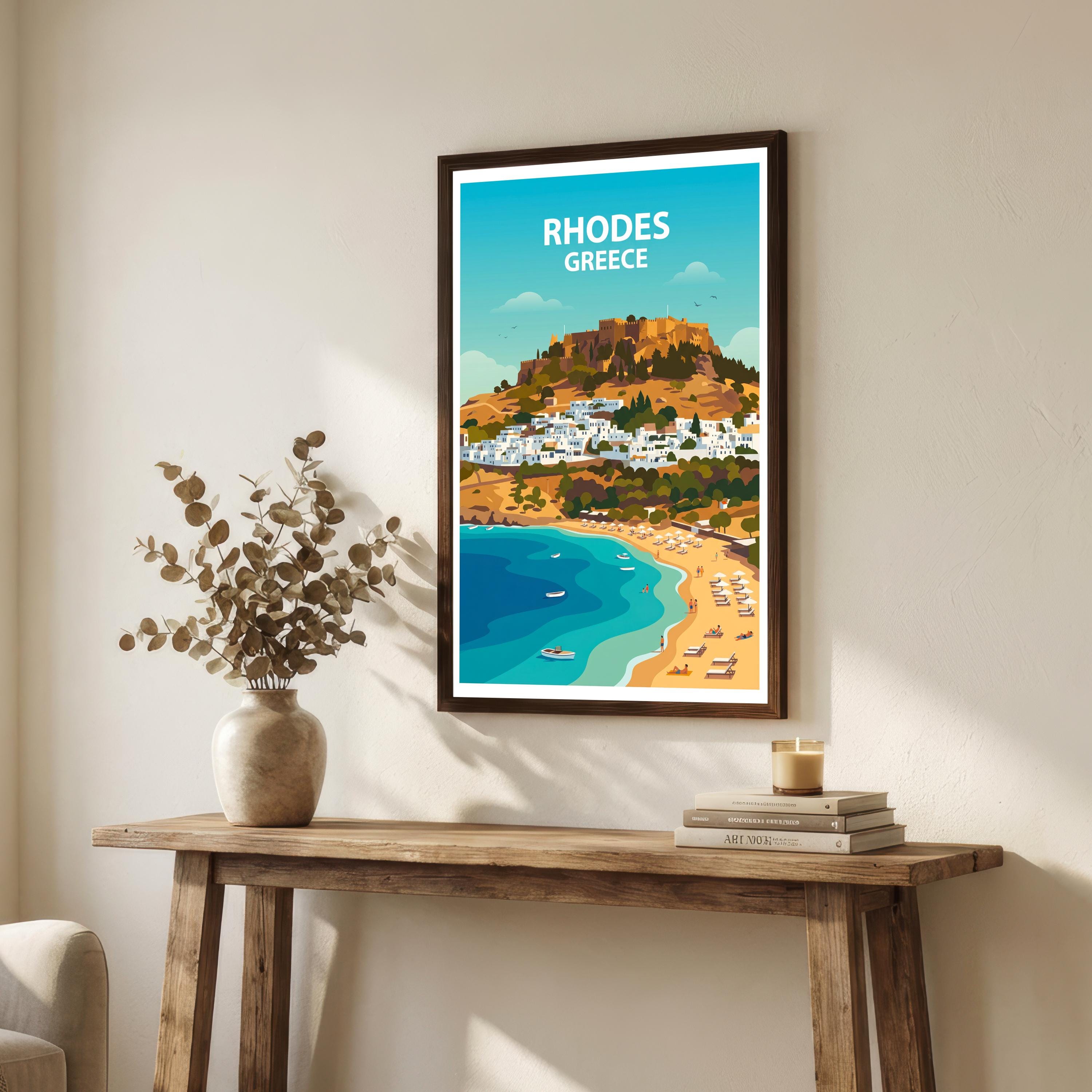 Rhodes Travel Poster Print Greece Wall Art Island Coastal Landscape Decor Gift for Europe Travel Lovers and Scenic Mediterranean Fans