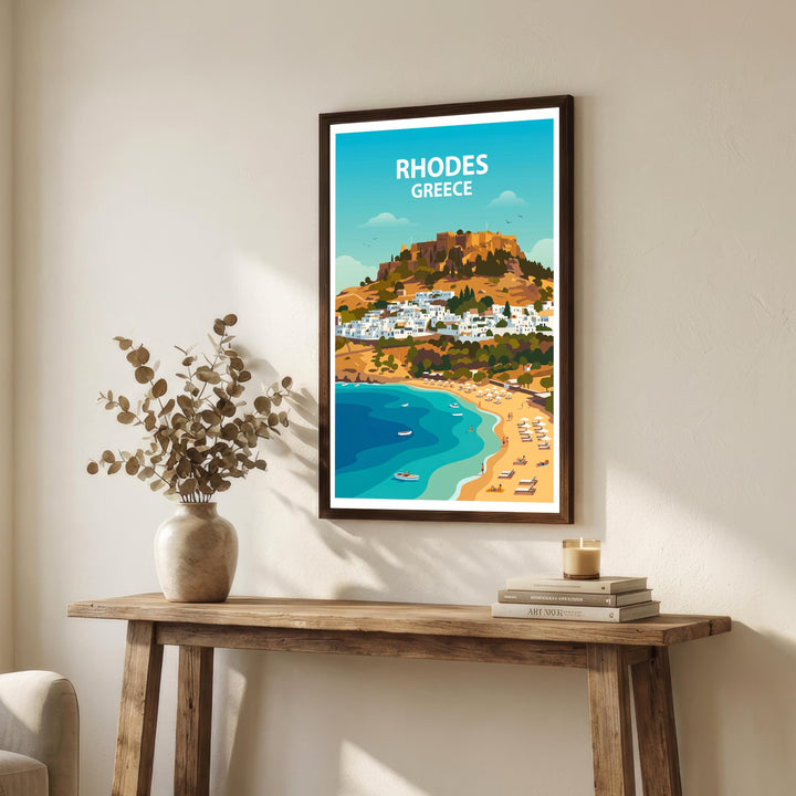 Rhodes Travel Poster Print Greece Wall Art Island Coastal Landscape Decor Gift for Europe Travel Lovers and Scenic Mediterranean Fans