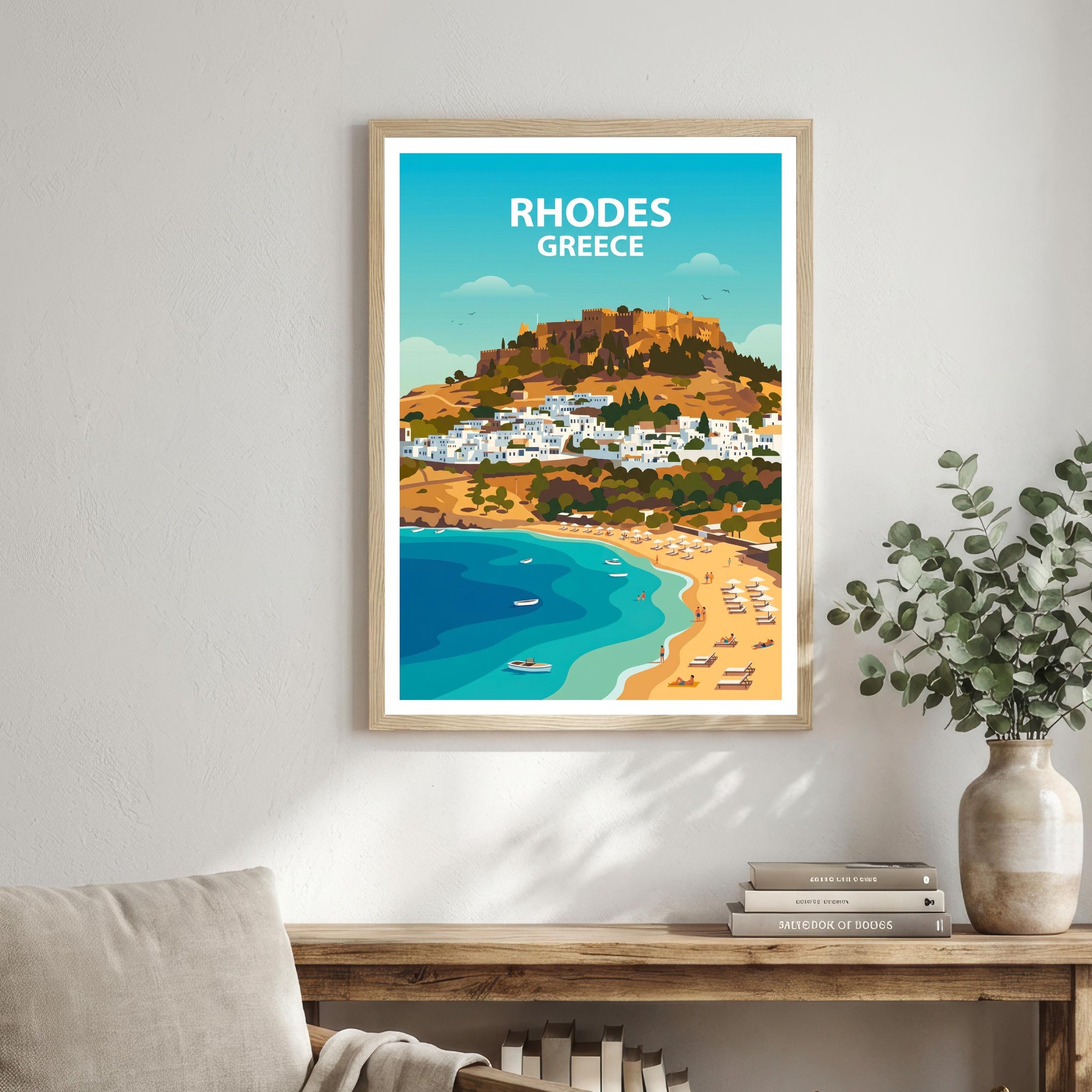 Rhodes Travel Poster Print Greece Wall Art Island Coastal Landscape Decor Gift for Europe Travel Lovers and Scenic Mediterranean Fans